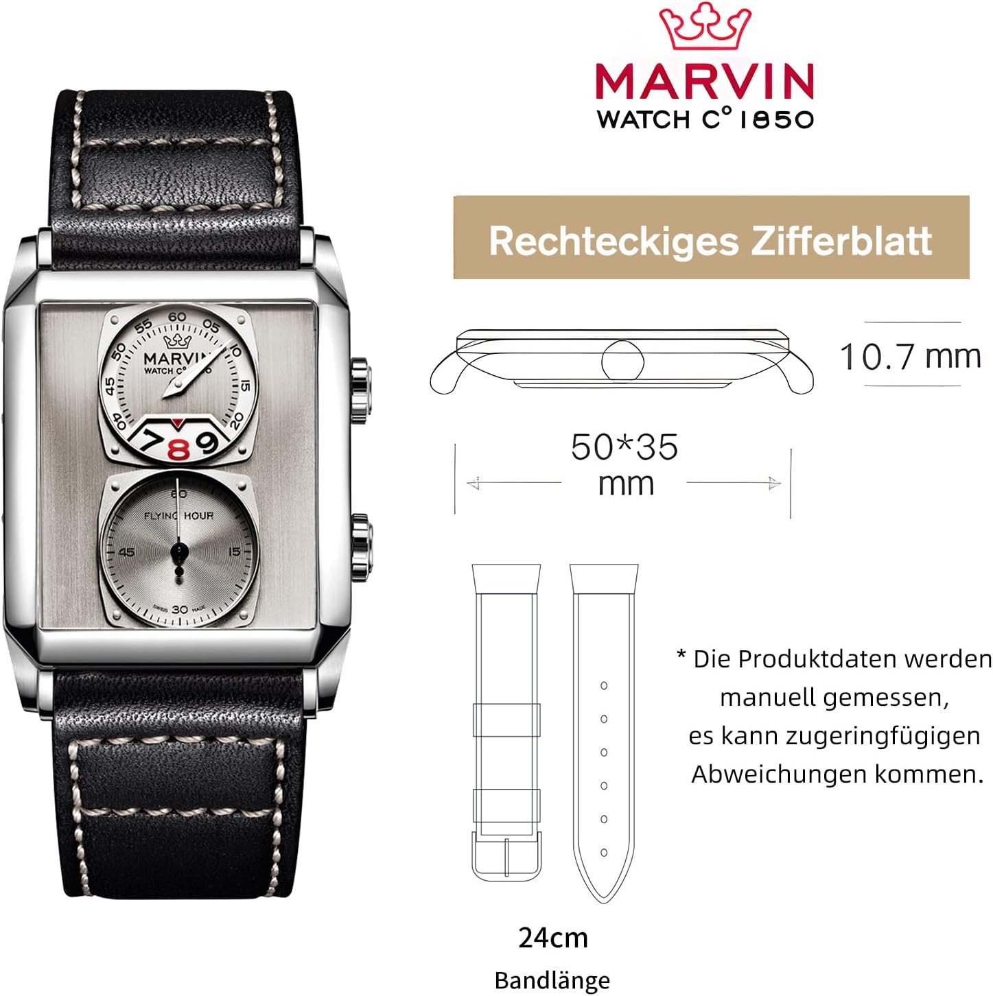 Watches for Men Swiss Mens Watch in Stainless Steel with Leather Strap and Recta