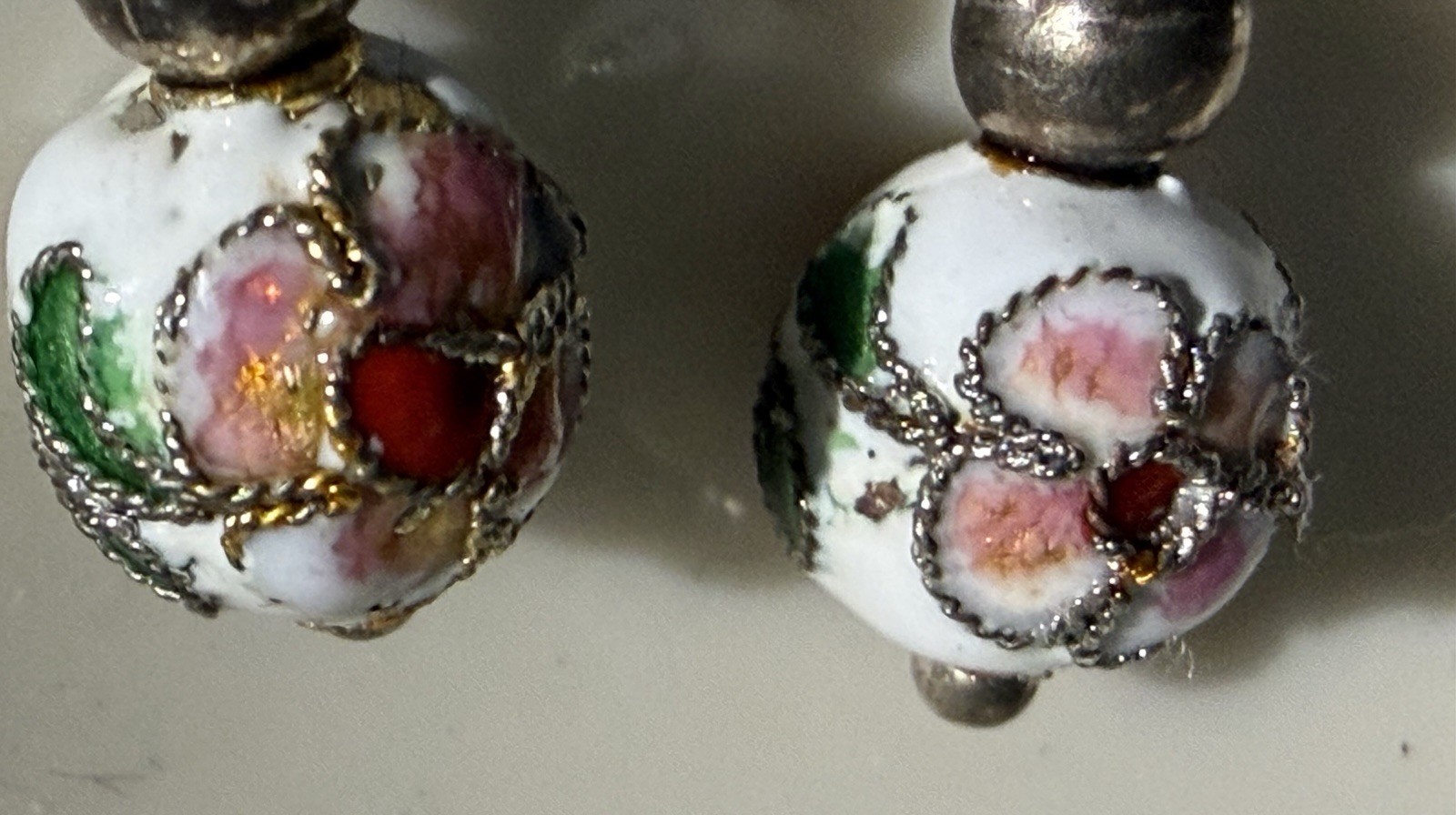 Dainty Vintage Cloisonné Bead Earrings Dangle, Pierced Ears, Classic Jewelry
