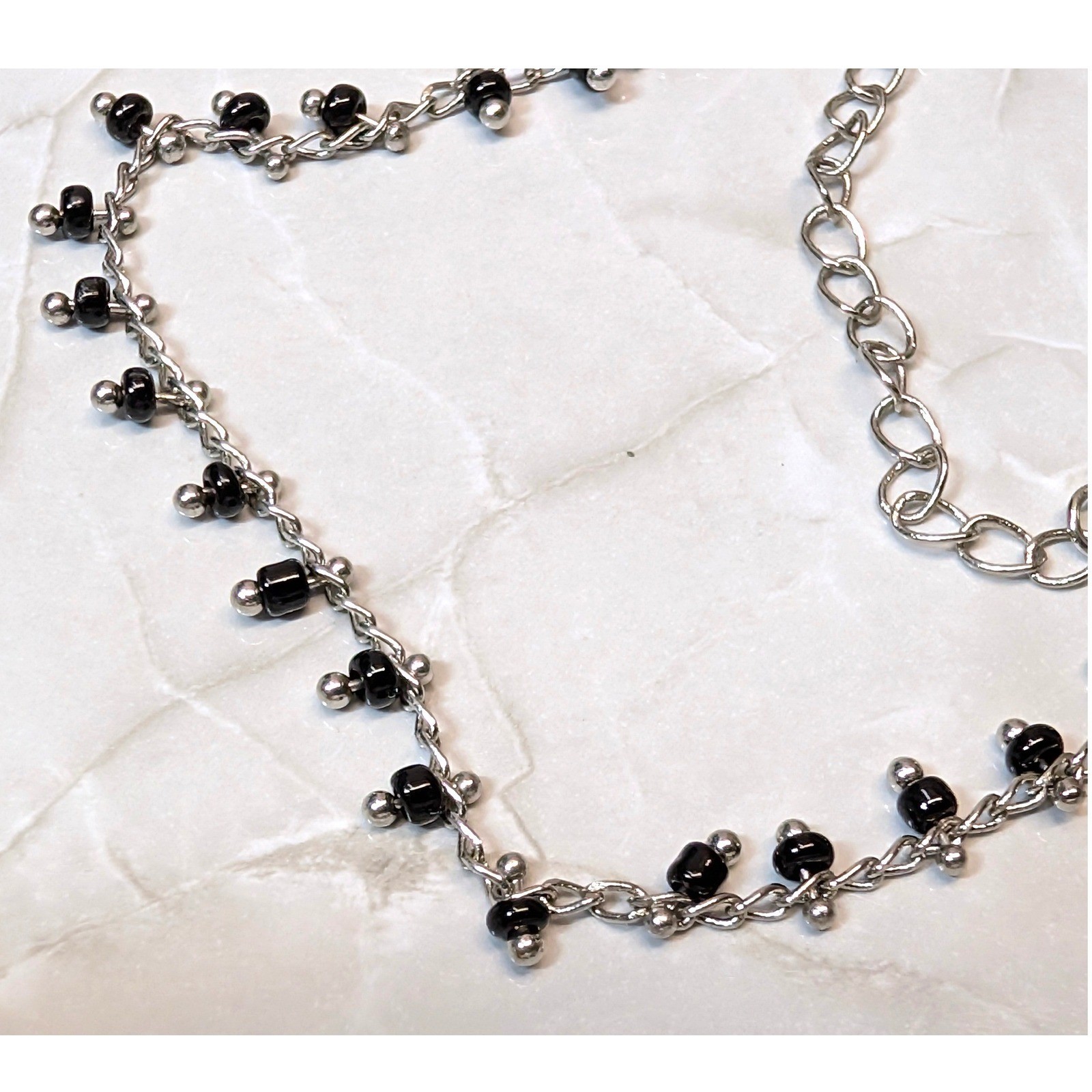Vintage Beaded Chain Anklet Bracelet Up to 10″ Silver Tone Black Boho Dainty