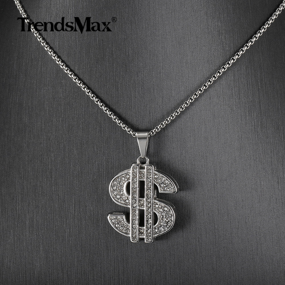 Silver Cubic Zircon CZ Dollar Sign Pendant Necklace Stainless Steel Chain 18-24″