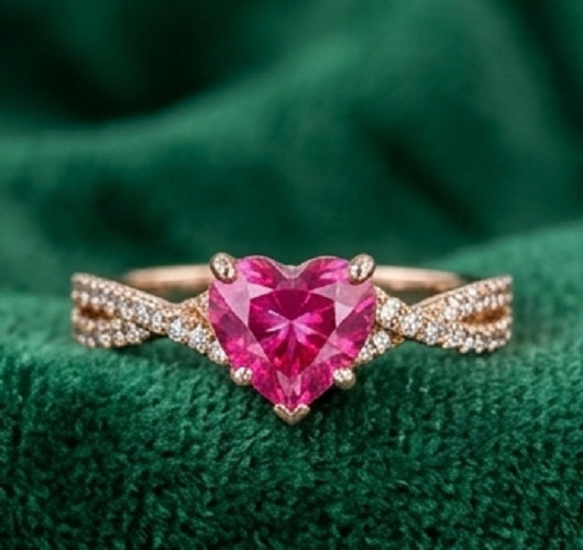 4Ct Heart Cut Simulated Pink Ruby/CZ Ring Twisted Pave Band 14k Rose Gold Finish