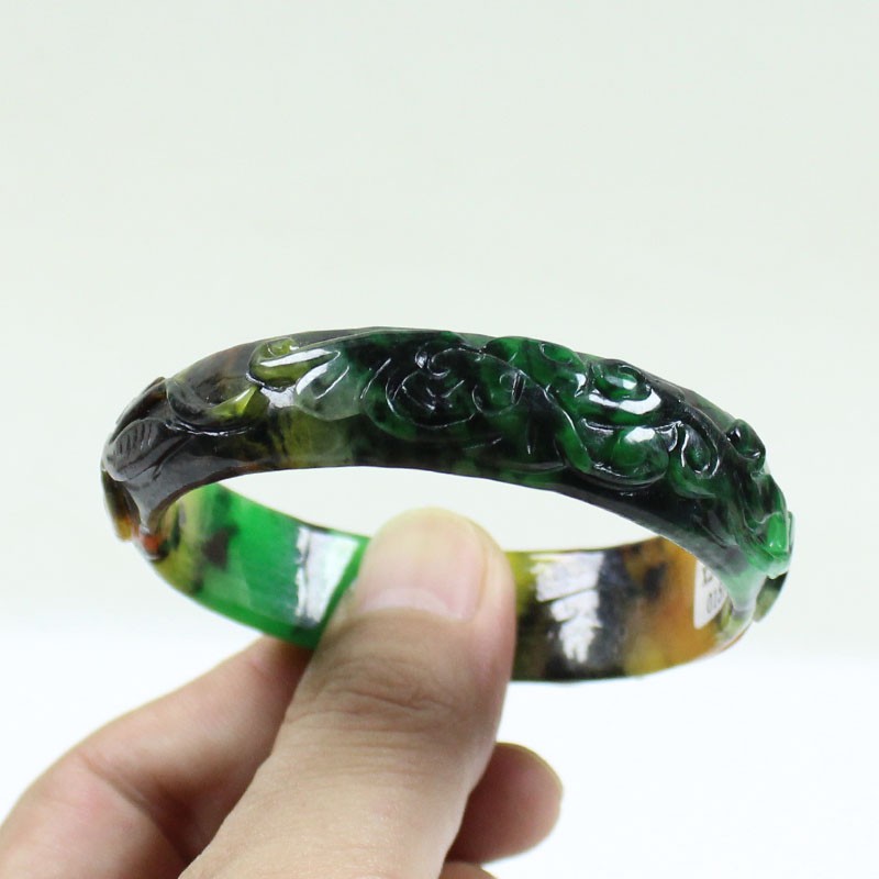 61mm Real Natural Ice Multicolor Burmese Jade jadeite Carving Bracelet Bangle