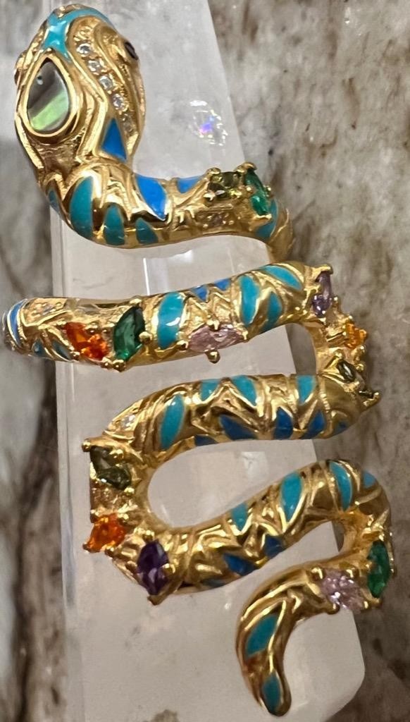 REAL Gemstones 14K Gold on SOLID 925 Snake Ring wrap Egyptian Rev Yellow gf