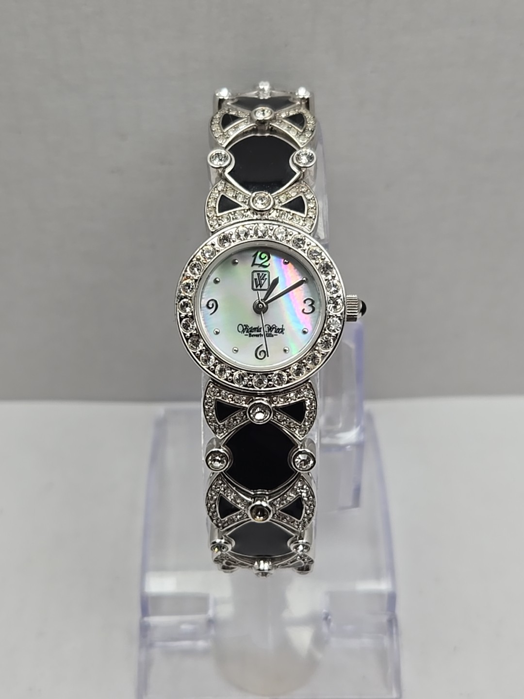 Victoria Wieck LADIES Watch Mother of Pearl Silver Tone & Black Enamel Crystals