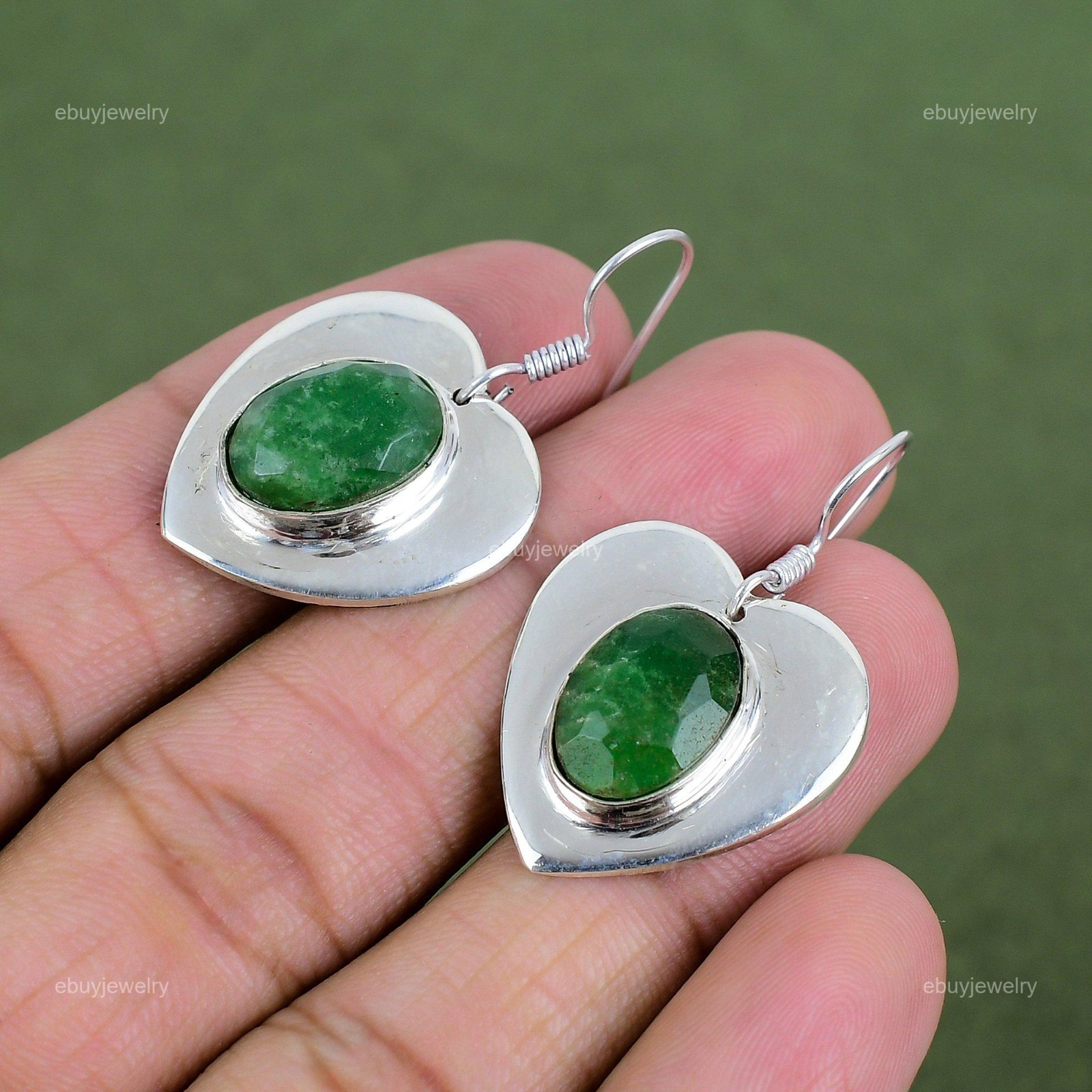 925 Sterling Silver Zambian Emerald Gemstone Dangle Drop Mother Heart Earrings