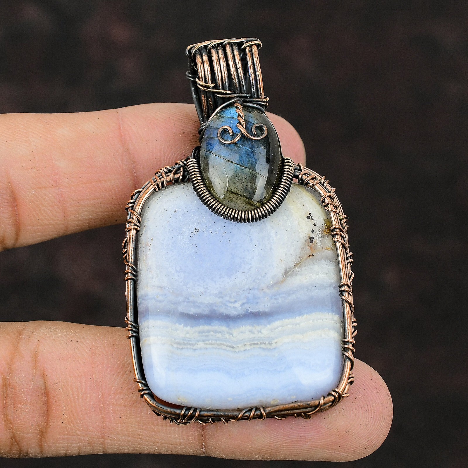 Blue Lace Agate Jewelry Copper Gift For Friend Wire Wrapped Pendant 2.52″