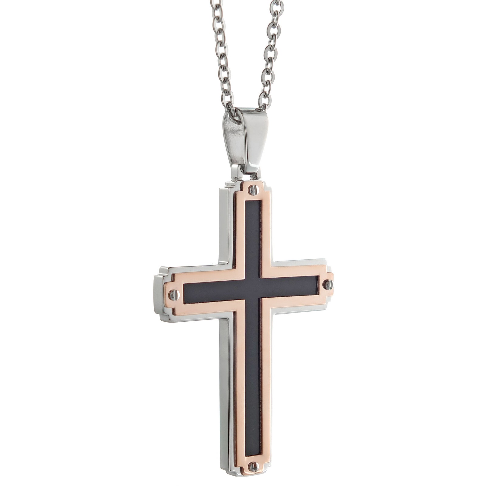 Rose Ion Plated Stainless Steel Black Resin Cross Pendant – 24 Inch Cable Chain
