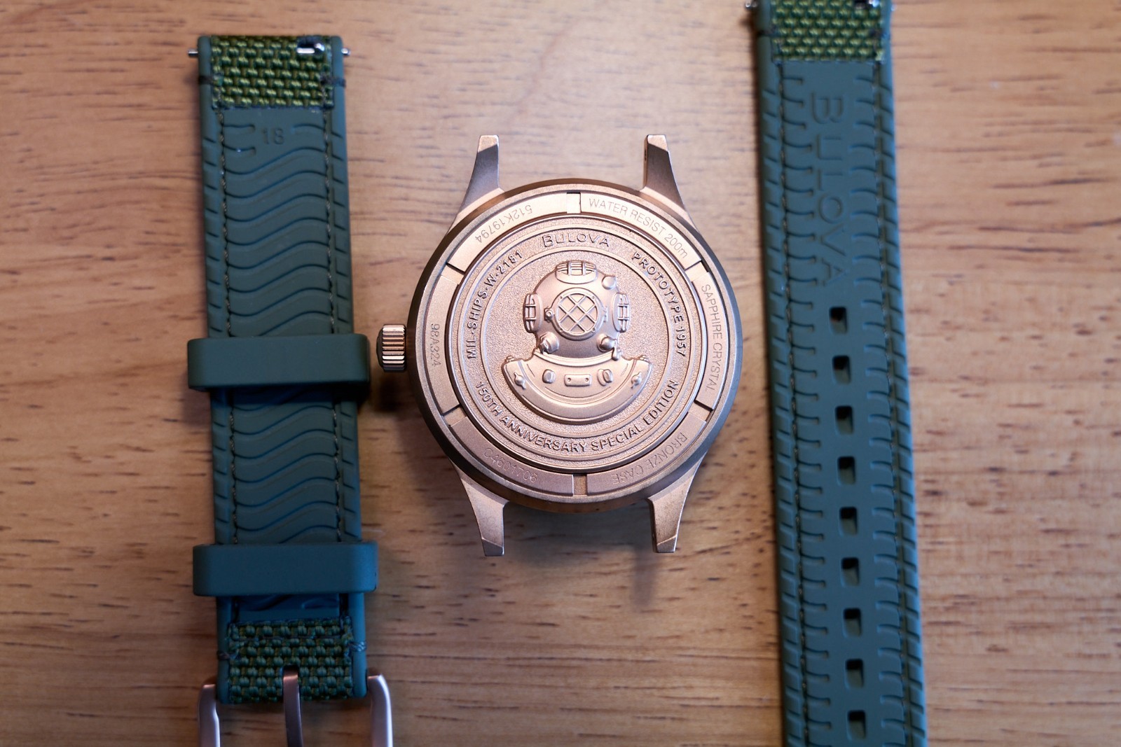 Bulova 98A324 MIL-SHIPS Bronze Auto 150th Anniversary Green Dial Sapphire 200MWR