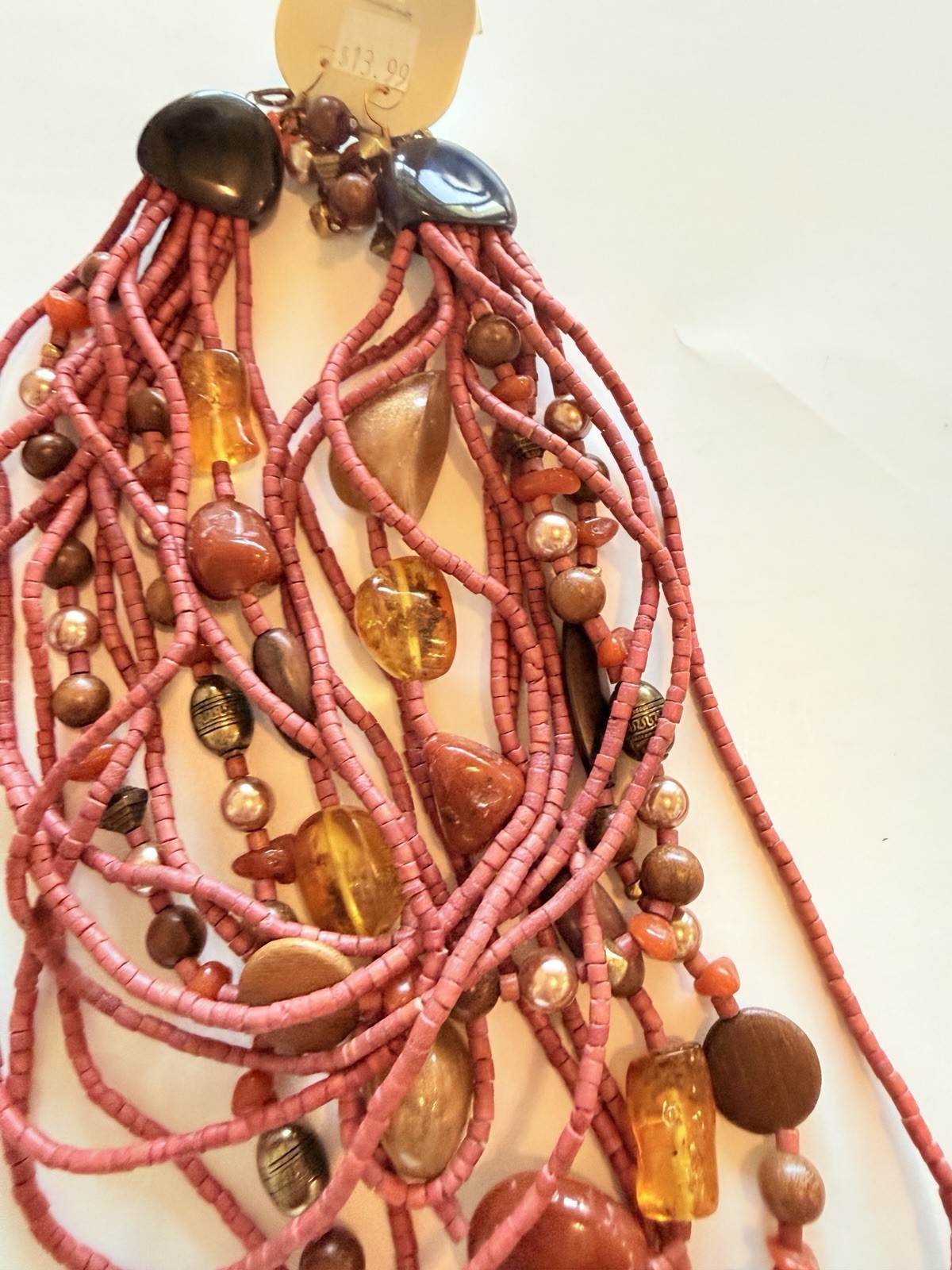 Pink Beaded Multi-Strand Statement Necklace Hook Closure Bohemian Theme