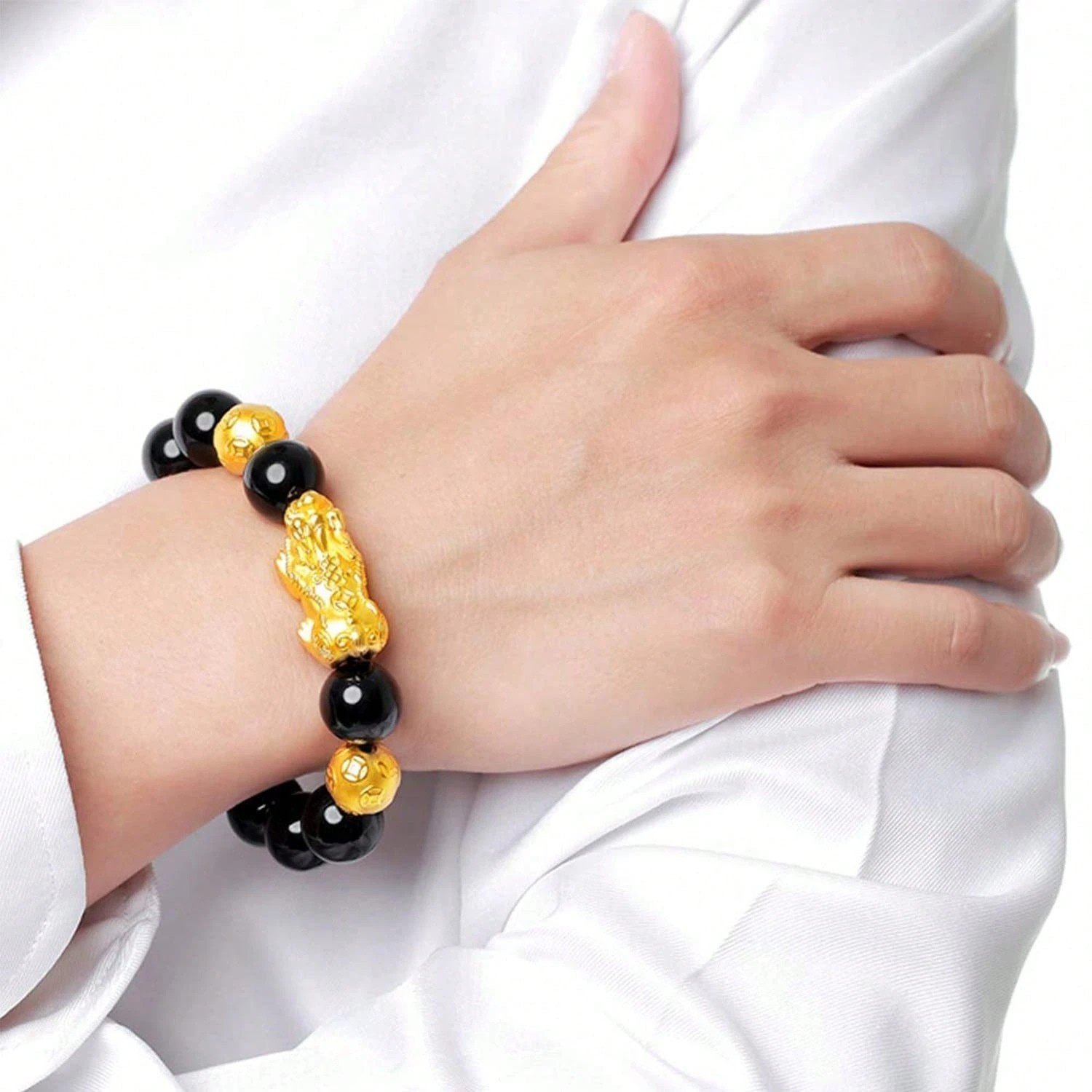 Feng Shui Black Obsidian Beads Bracelet Attract Wealth & Good Luck Bangle Pixiu