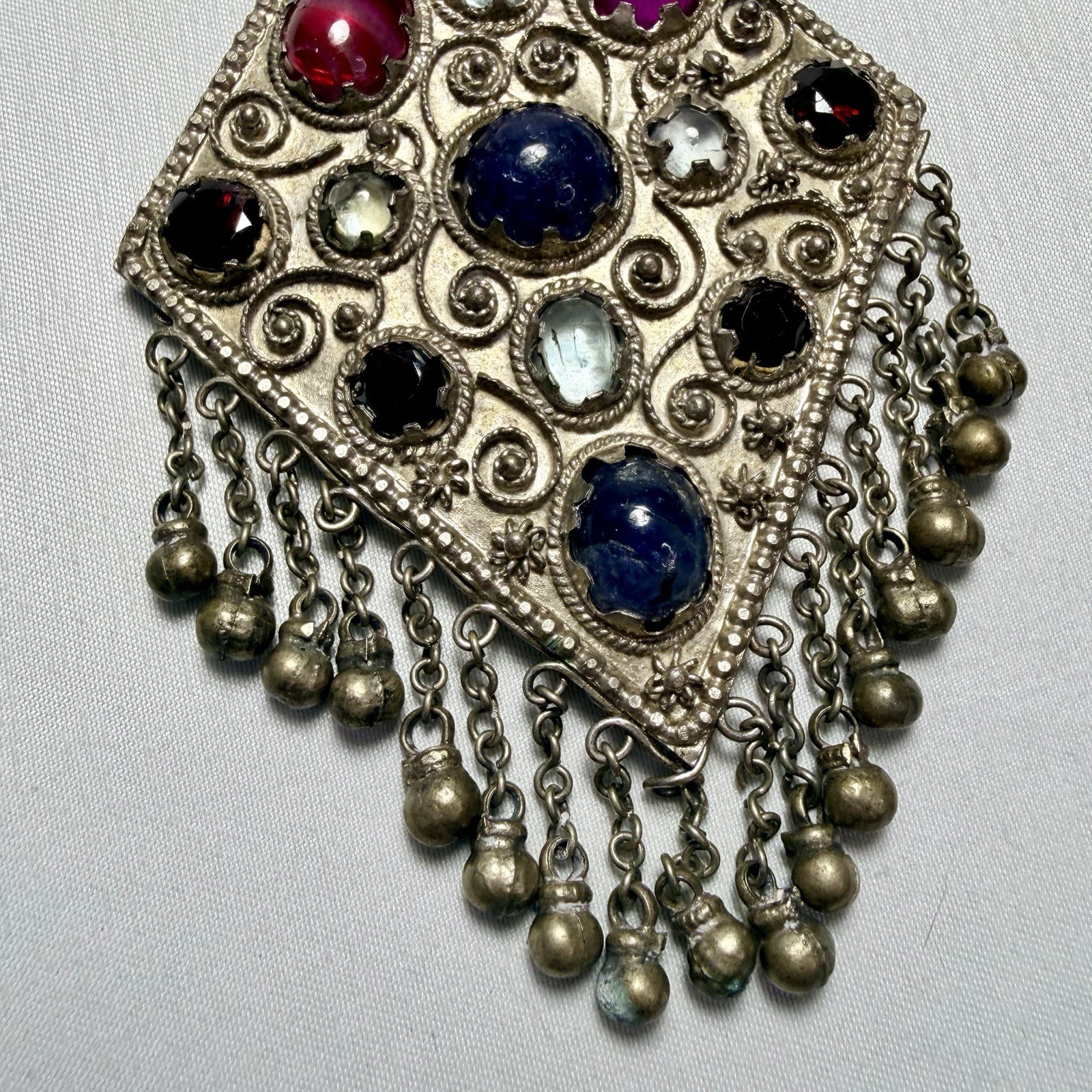 Vintage Kuchi Tribal Pendant Intricate Metalwork Adorned Colored Cabochons