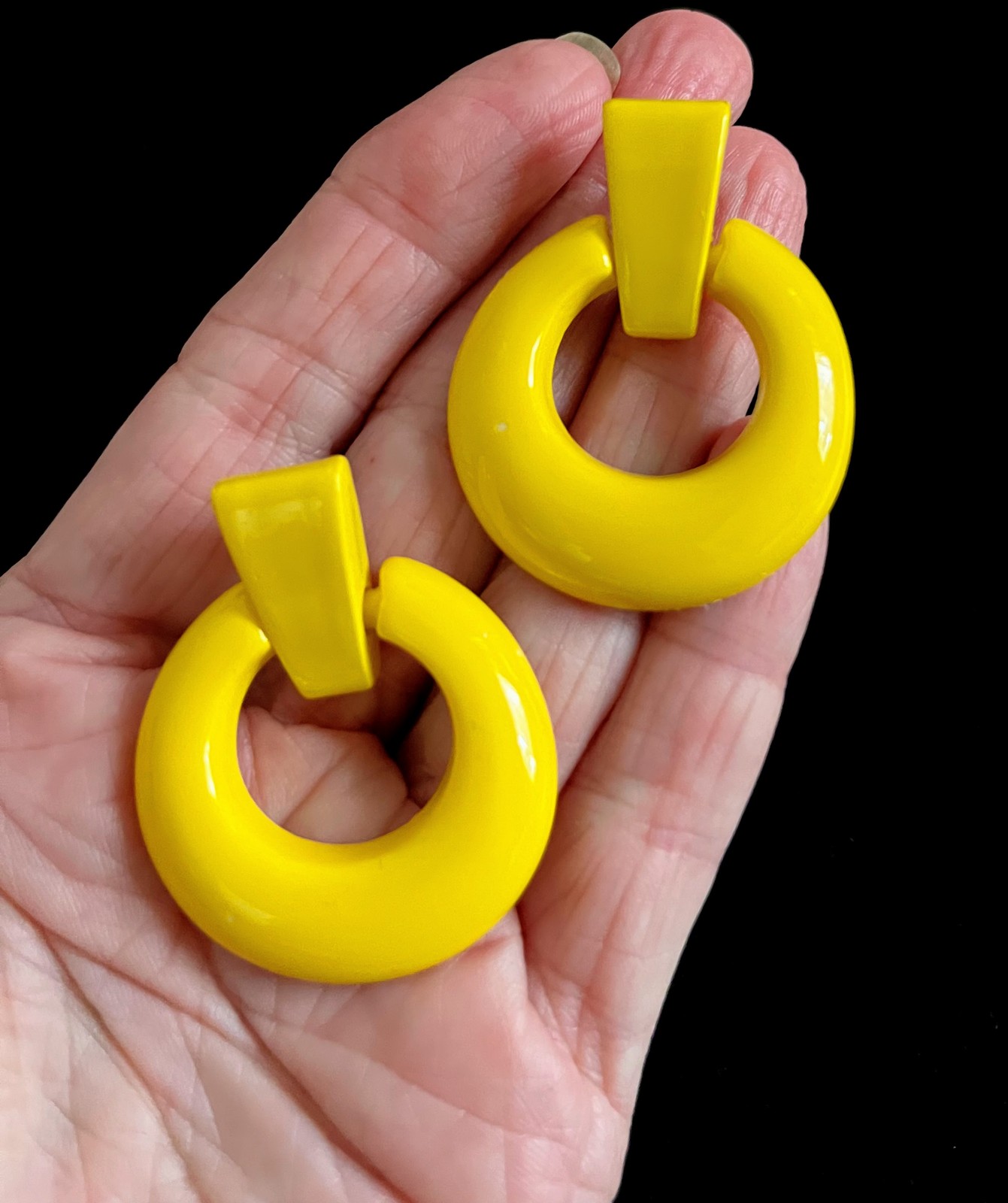 Vintage Bright Mustard Yellow Door Knocker Pierced Earrings