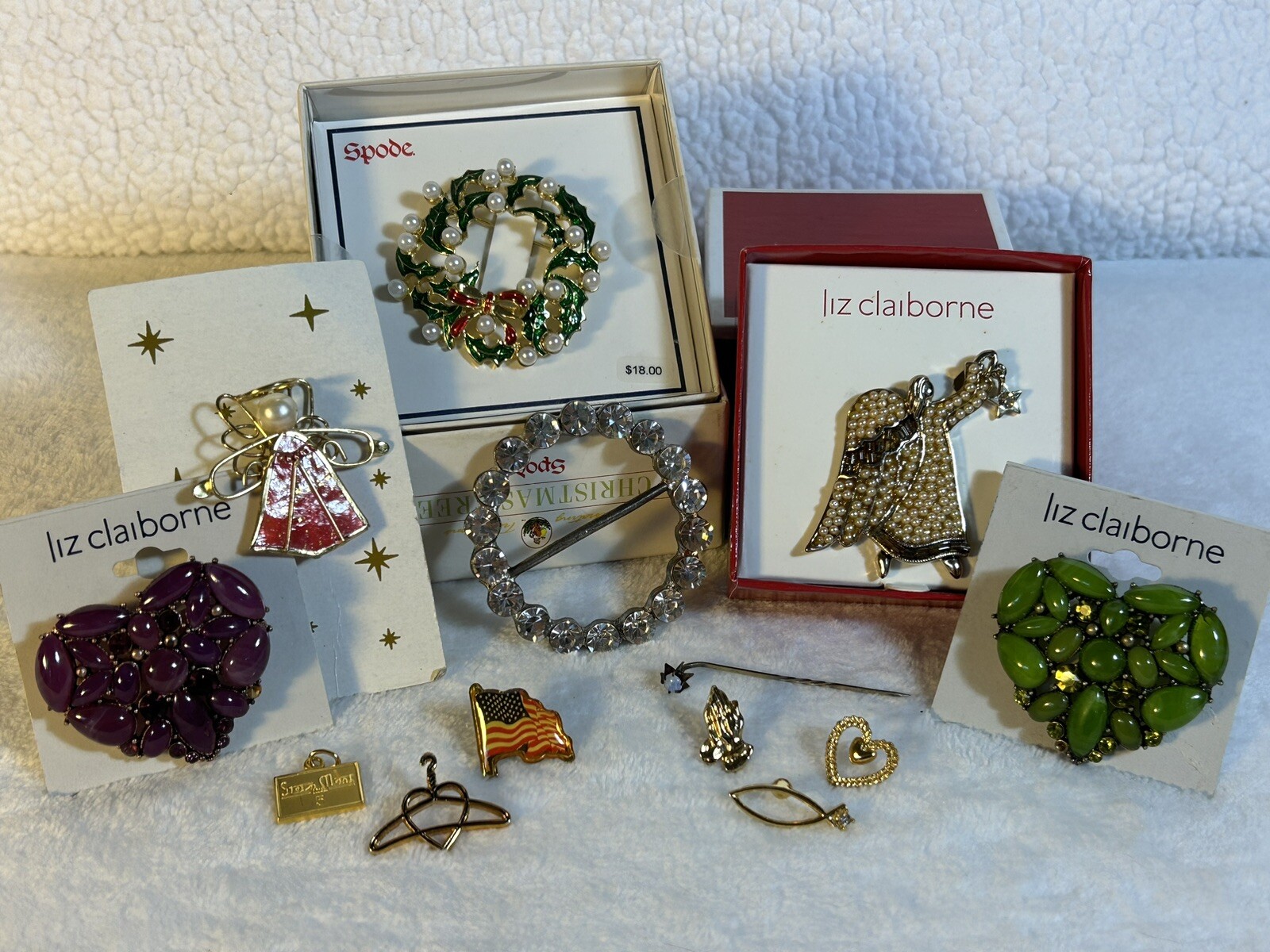 Lot of 13 Vintage to Now Brooches/ Pins Signed Liz Claiborne Spode Some NWT