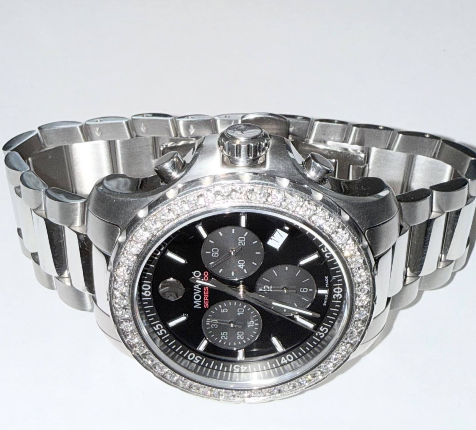 Authentic Movado Men’s Series 800 Chronograph Lab Grown Diamond Black Dial Watch