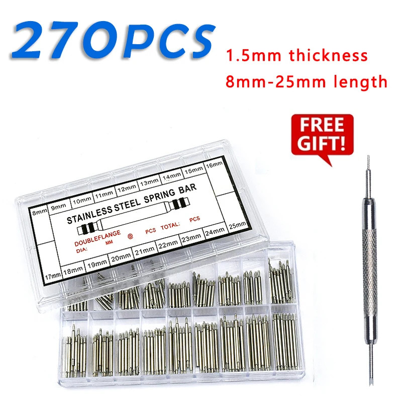 270/360Pcs Stainless Steel Spring Bars for Watch Band, 1.5Mm 1.8Mm Dia with 8-25