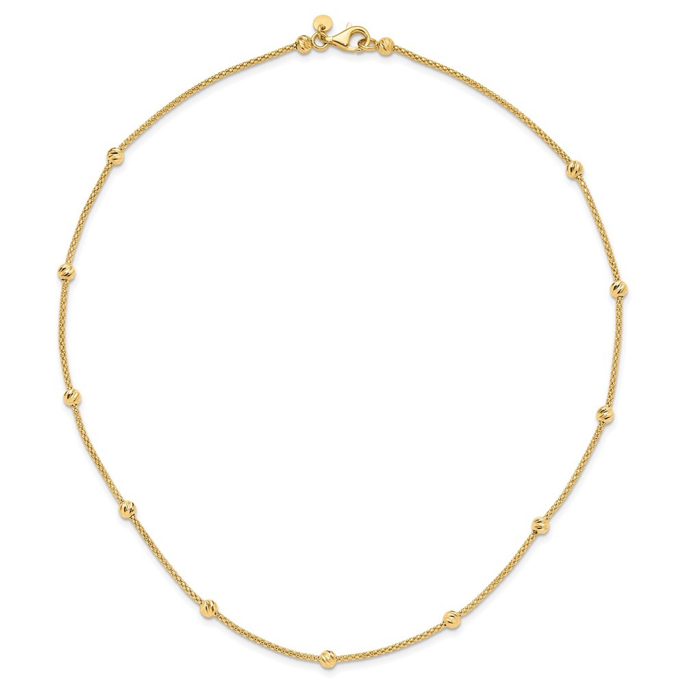 14K Yellow Gold Polished Diamond-cut Beads and Mesh Chain Necklace 17″