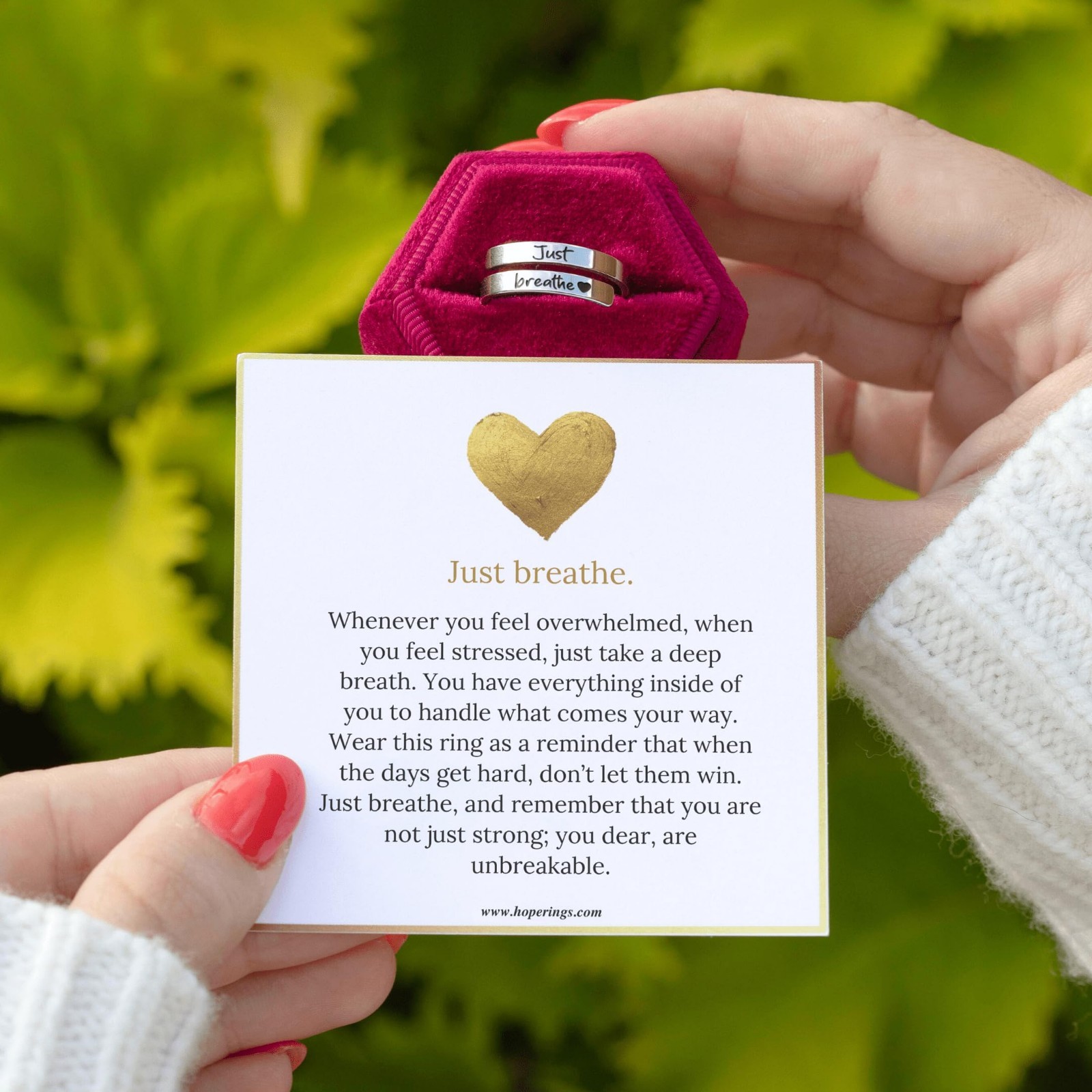 Adjustable Heartfelt Just Breathe Ring – 999 Pure Silver & Stainless Steel – Gif