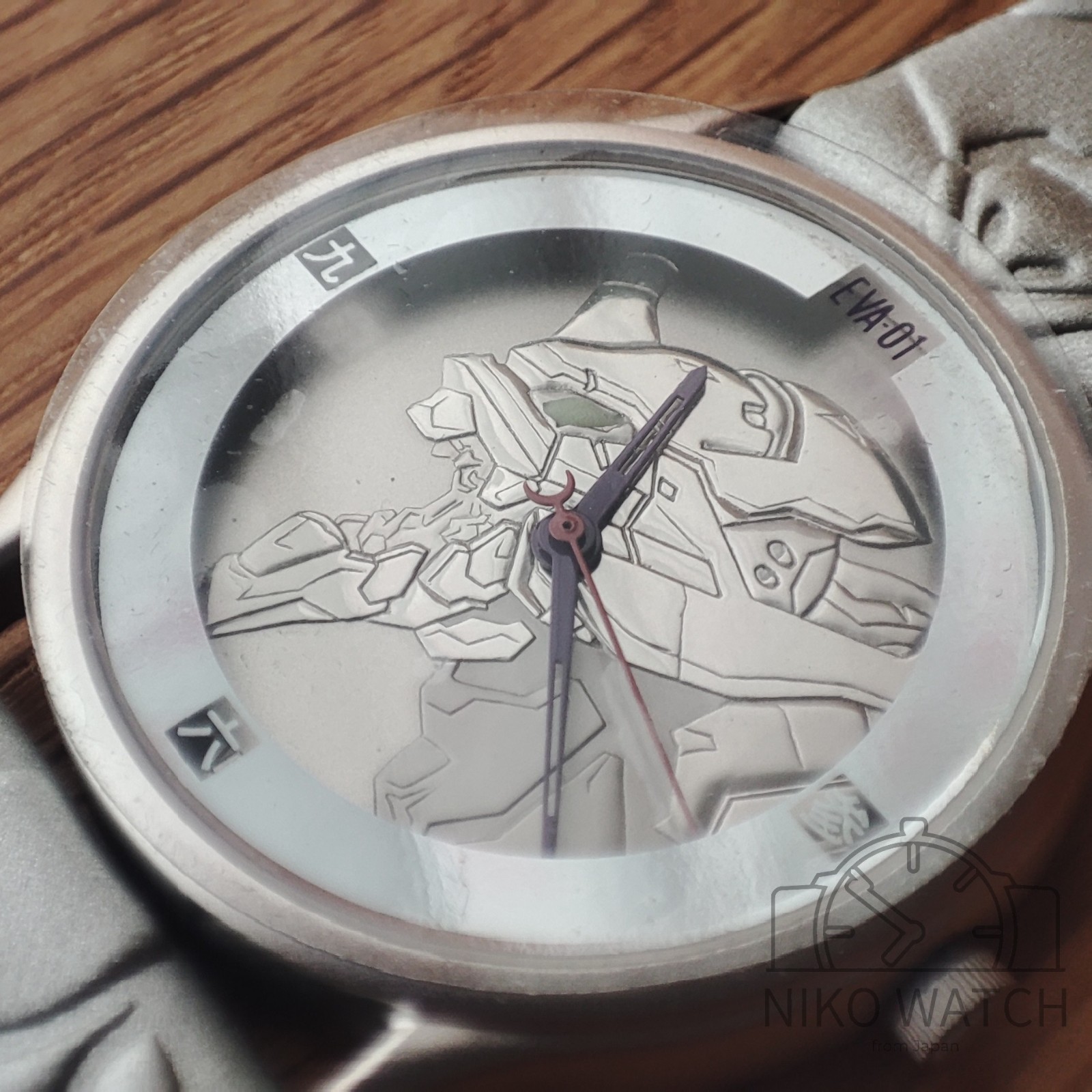 Evangelion EVA Unit 01 silver watch Mens w/Wooden Box & Paper [Near Mint+]
