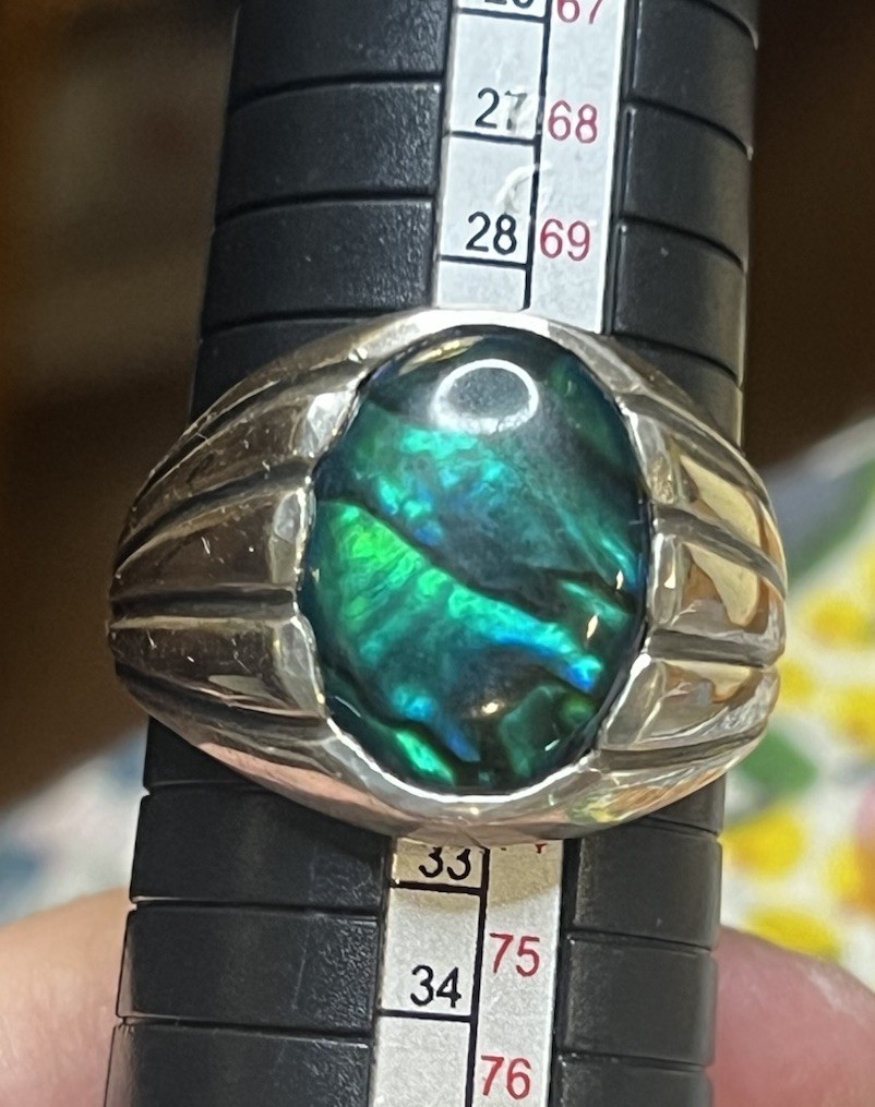 Vintage Sterling Silver Paua Shell Cabochon Ring Sz 14 Heavy 16g Fluted Shoulder