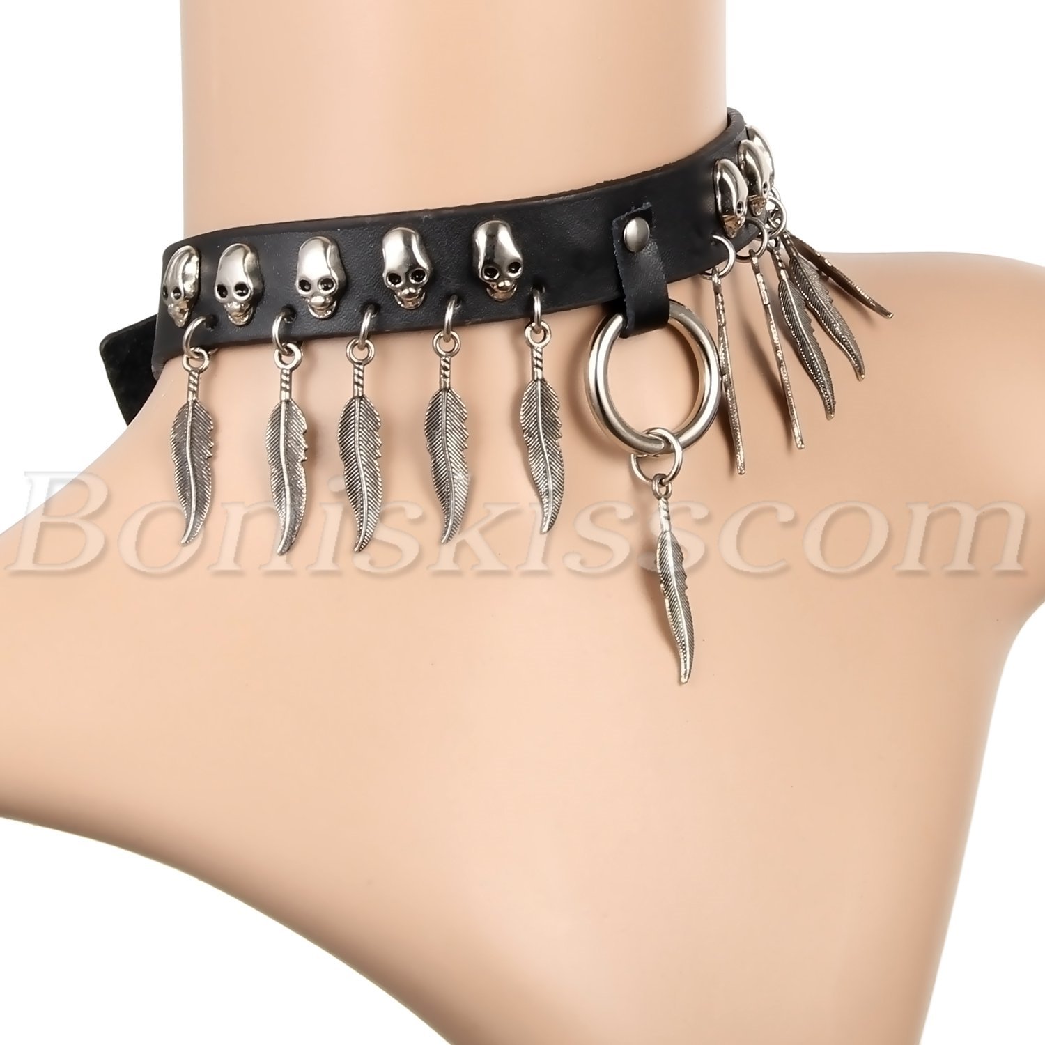 Gothic Punk Skulls Studs Feather Black Leather Choker Collar Necklace 80S 90S
