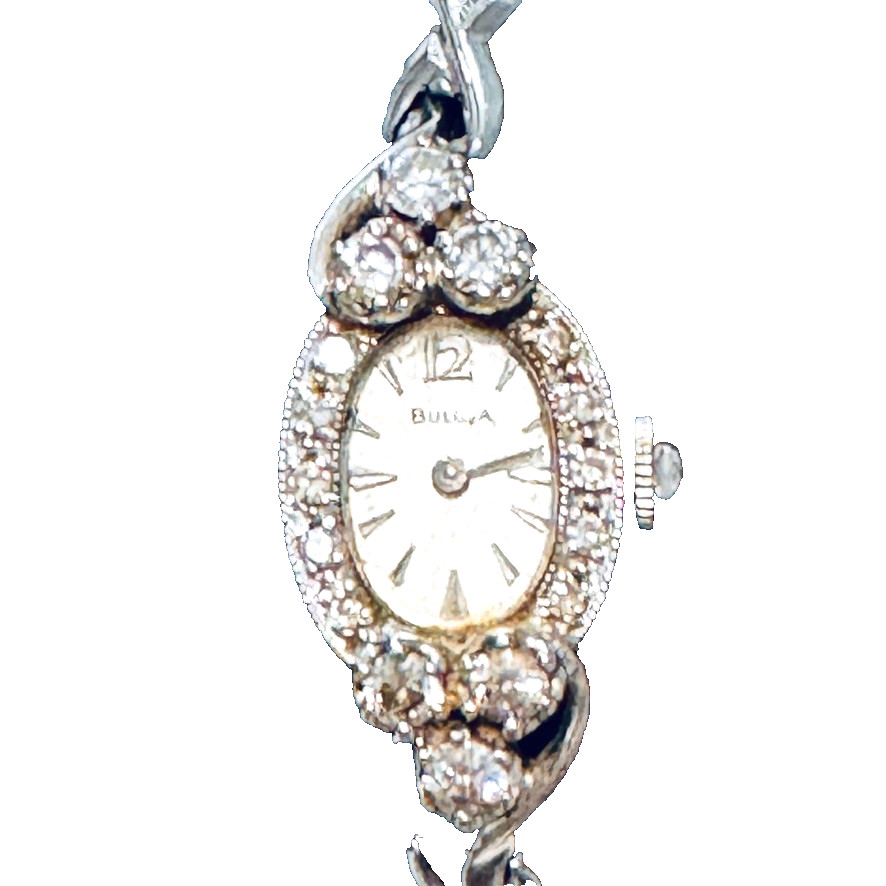 Vintage Bulova 14K White Gold Ladies Watch – Six Diamond Bezel, Speidel Band
