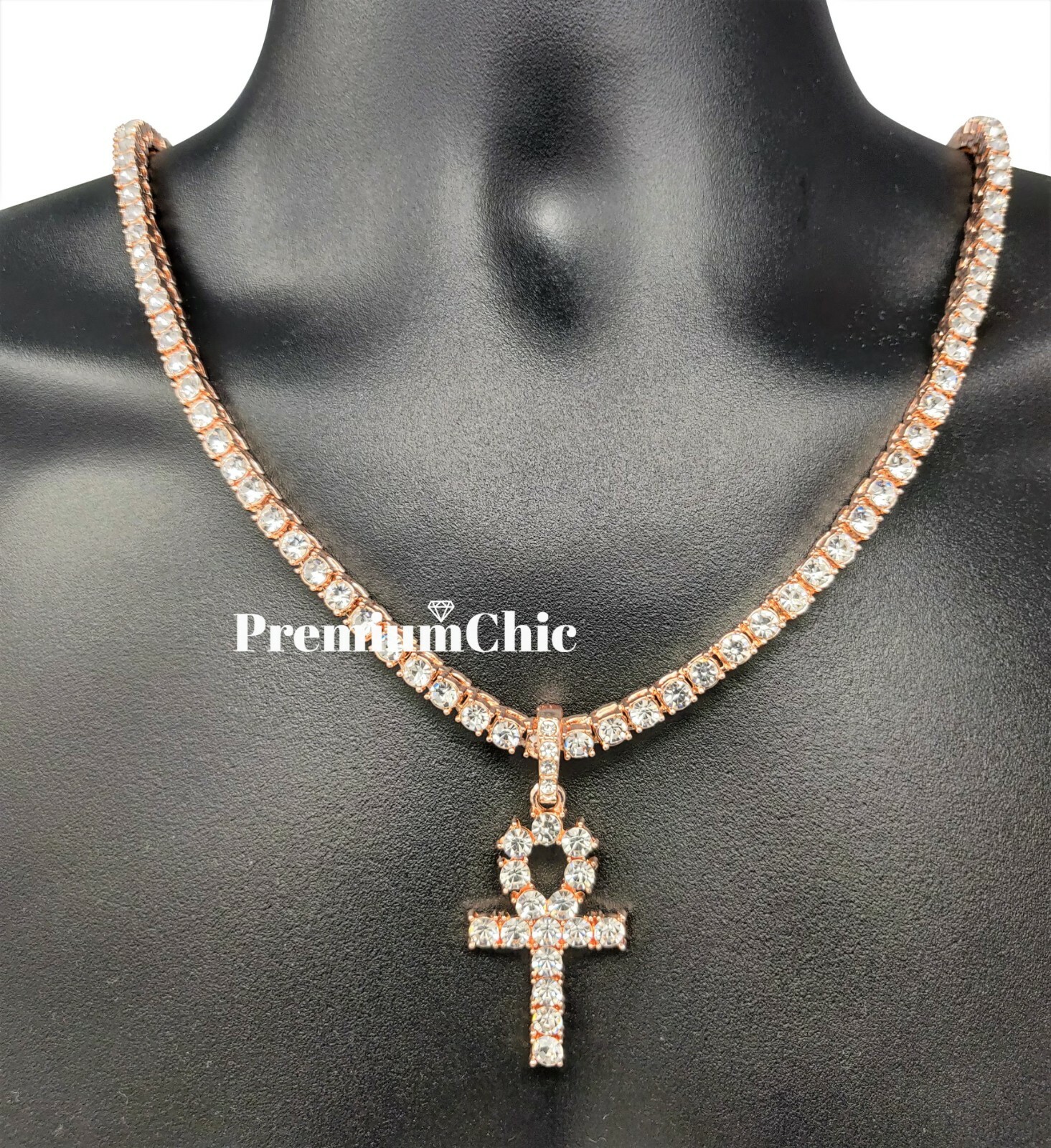 ANKH Cross Pendant with CZ Tennis Chain Hip Hop ICED Necklace Rose Gold Plated