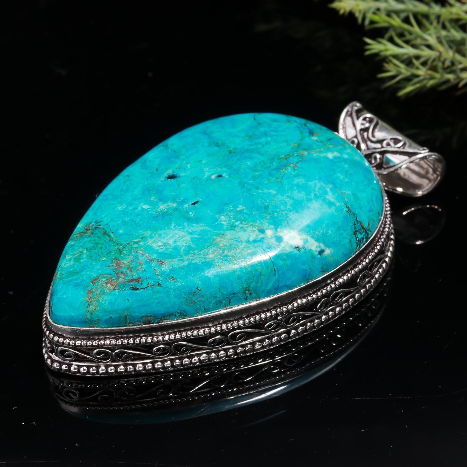 Huge Tibetan Turquoise Gemstone Handmade Boho 925 Sterling Silver Pendant