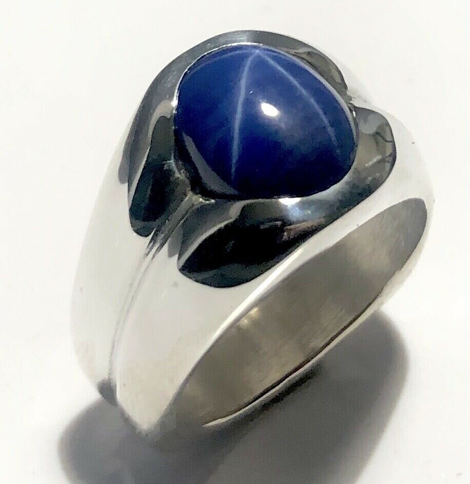 MJG STERLING SILVER MEN’S RING.12 X 10mm LAB CREATED BLUE STAR SAPPHIRE. SZ 9+
