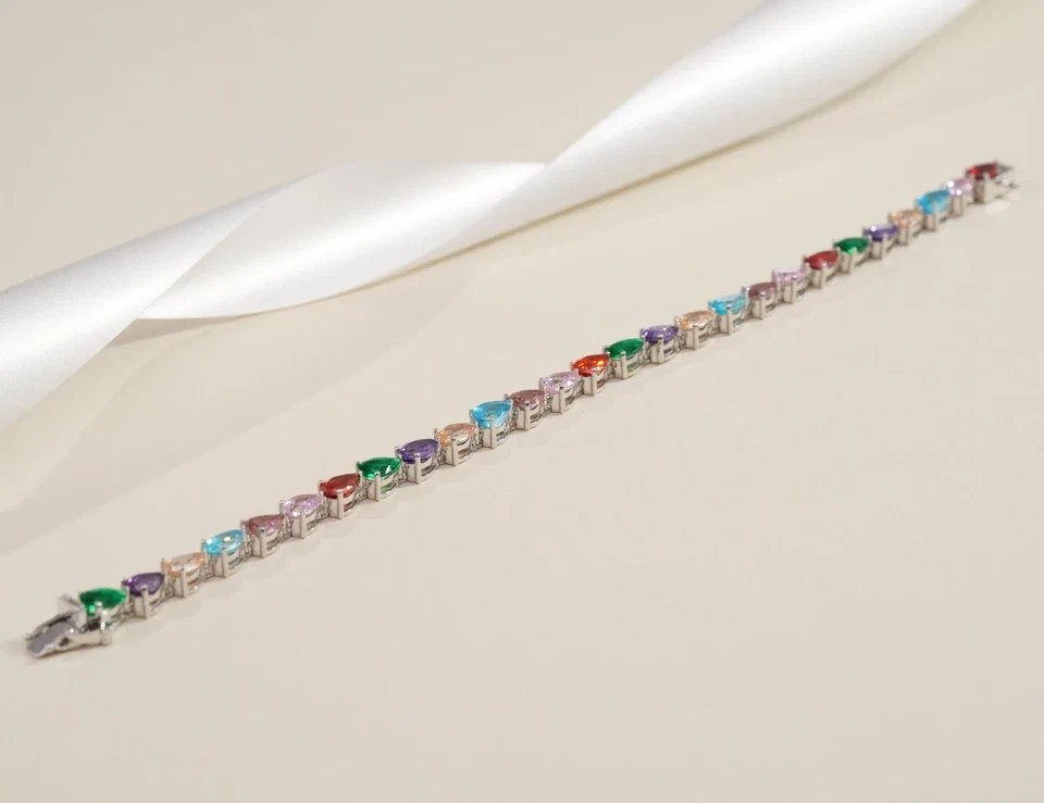 15Ct Pear Cut Lab Created Multicolor Women Bracelet 14K White Gold Plated Silver