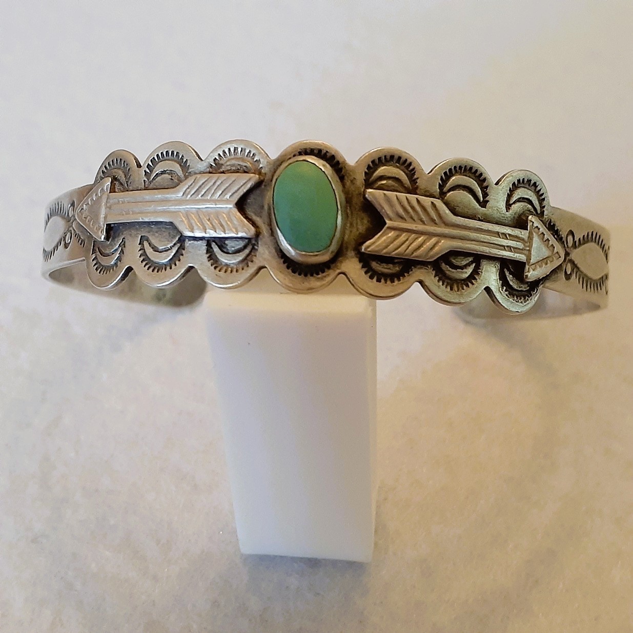 Vintage Fred Harvey Era Navajo Coin Silver Turquoise Stone Cuff Bracelet Stamped