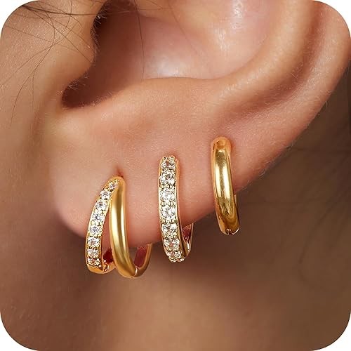 3 Pairs Small Gold Huggie Hoop Earrings Set for Women,14K Gold Plated Hypoallerg