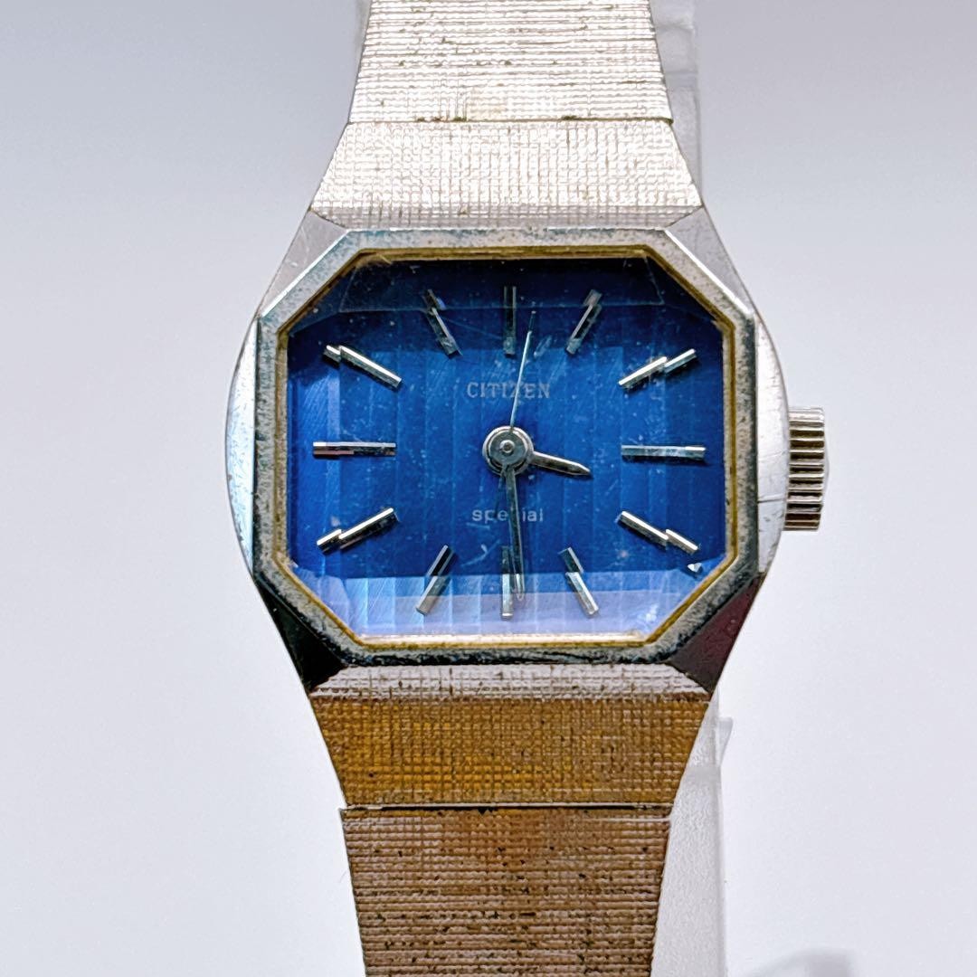 Working CITIZEN Special Cut Glass Manual Winding Octagonal Blue Watch