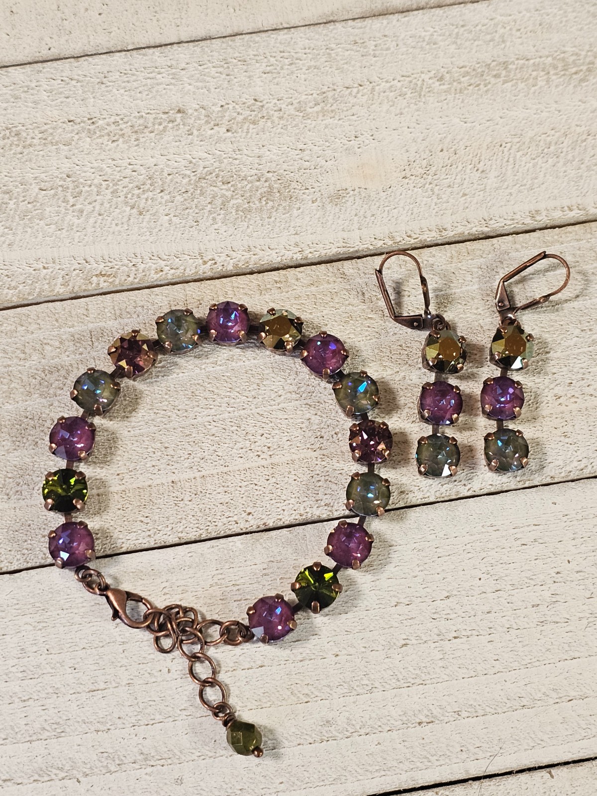 B1-9 Olive Purple Copper Drop Earrings Matching Cup Chain Bracelet Set