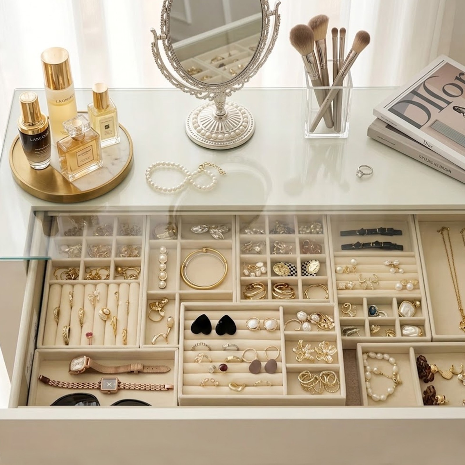 4Pc Jewelry Tray Set Drawer Organizer Stackable Ring Necklace Box