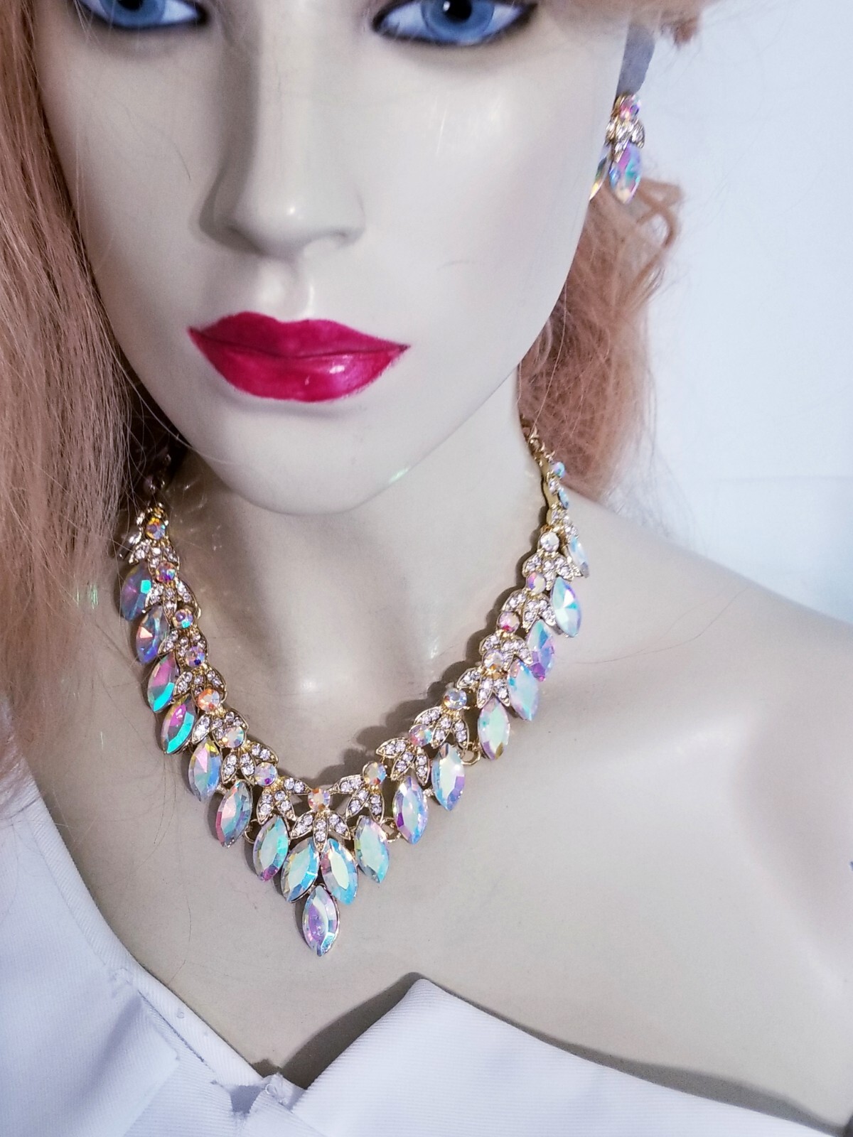 AB Iridescent Crystal Choker Rhinestone Necklace Earring Set Bridal Prom Pageant