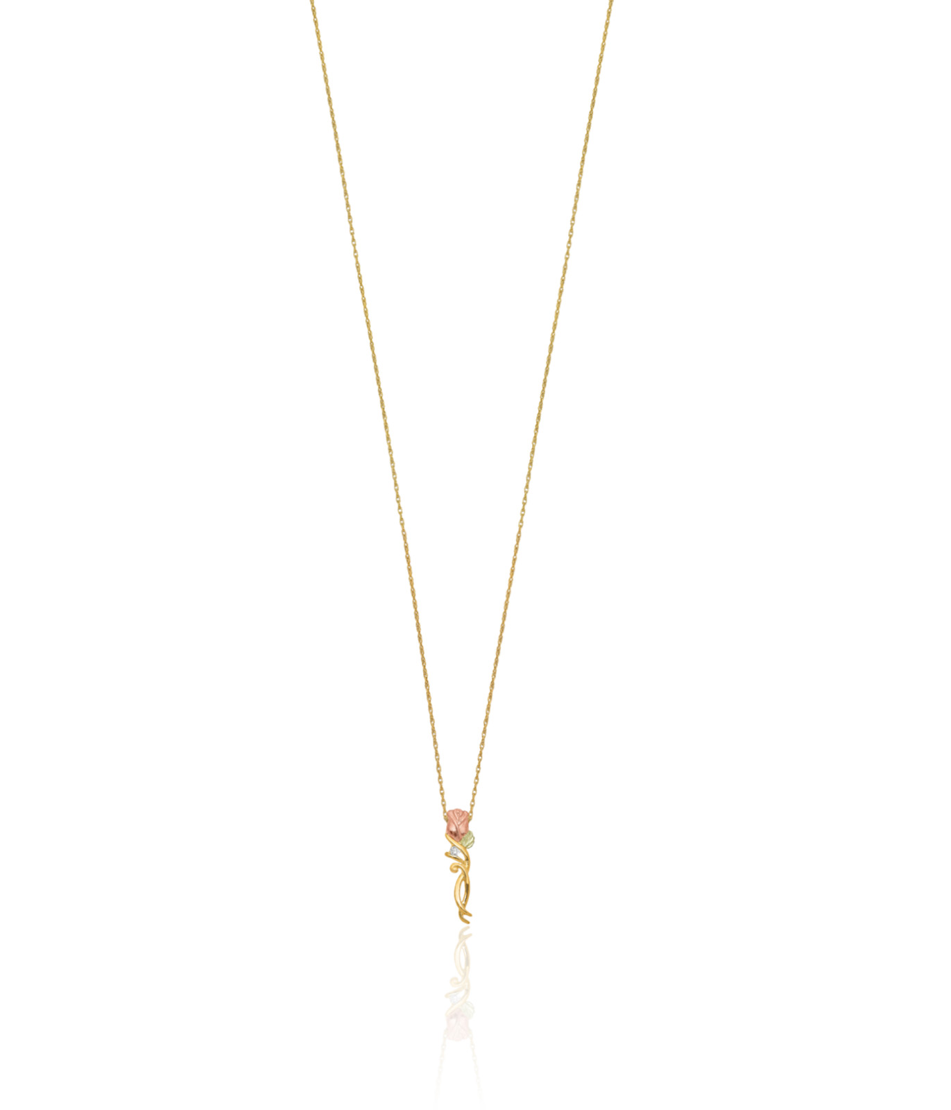 10K Solid Tri Color Gold 0.05 ct Diamond Small Rose Flower Leaf Pendant