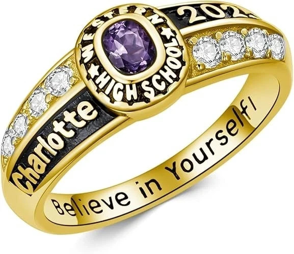 High School Class Ring For Women Custom Gemstone, University Name Inner Engraved