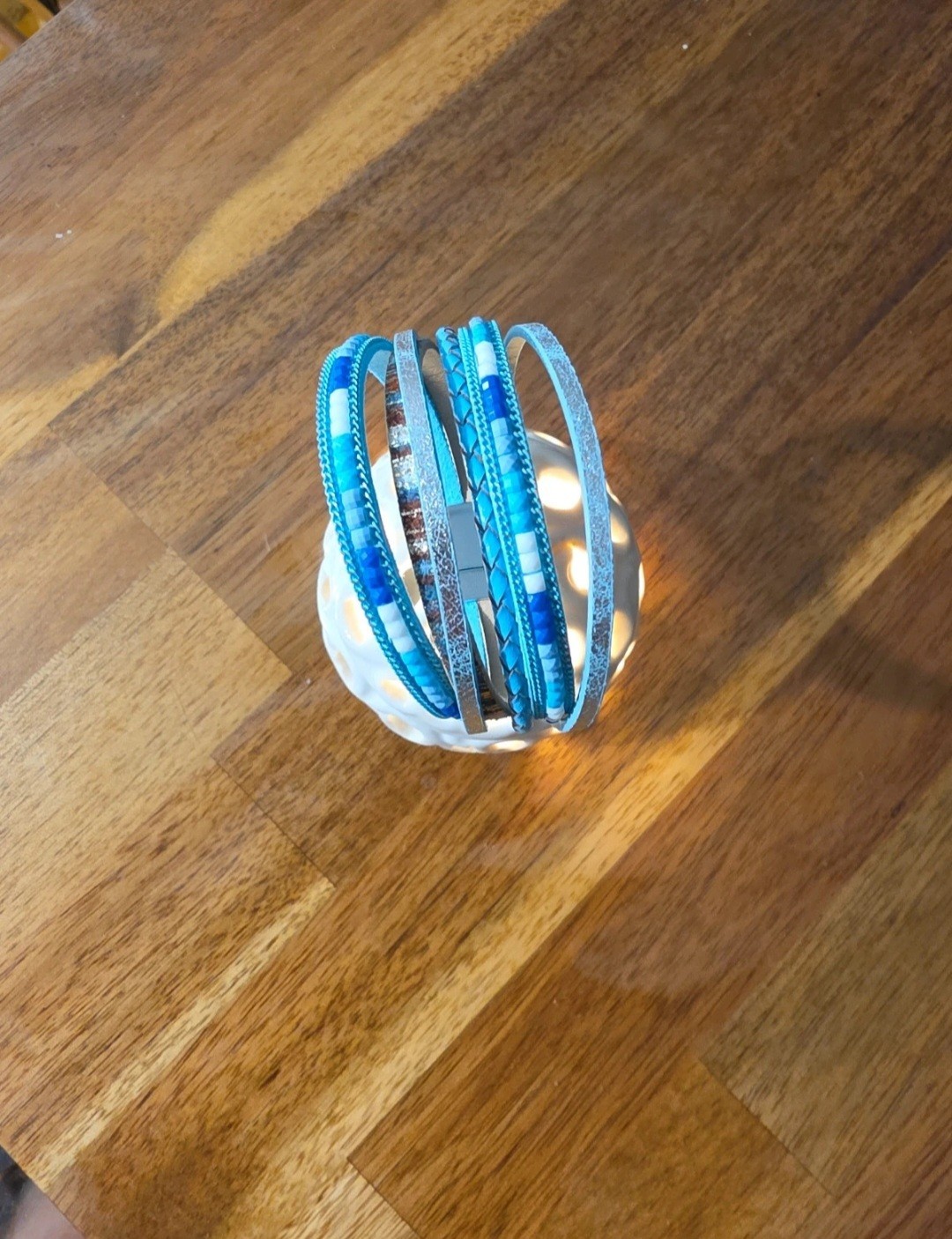 Turquoise Leather Wrap Bracelet, Multilayer Boho Cuff with Magnetic Clasp