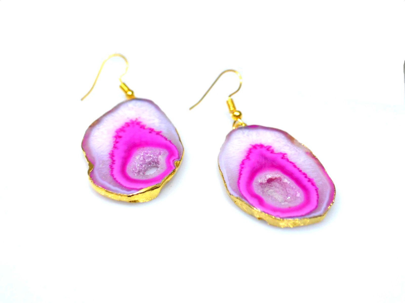 88 Cts. Electroformed Gold Plated Pink Geode Agate Druzy Earrings-A700