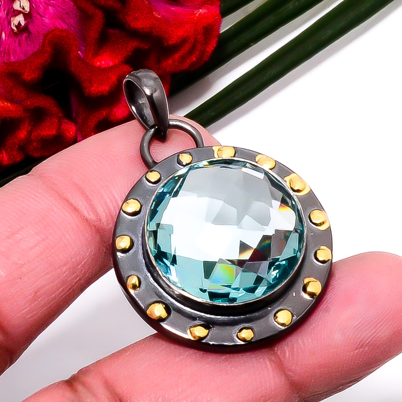 Apatite Black And Gold Plated Designer 925 Sterling Silver Pendant 1.64″ Sku49