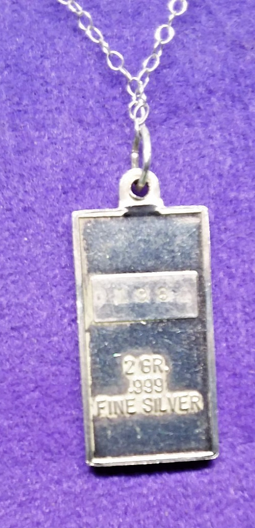 John F. Kennedy Profile .999 Fine Silver 2 Gram Bar Pendant, 18″ Sterling Chain