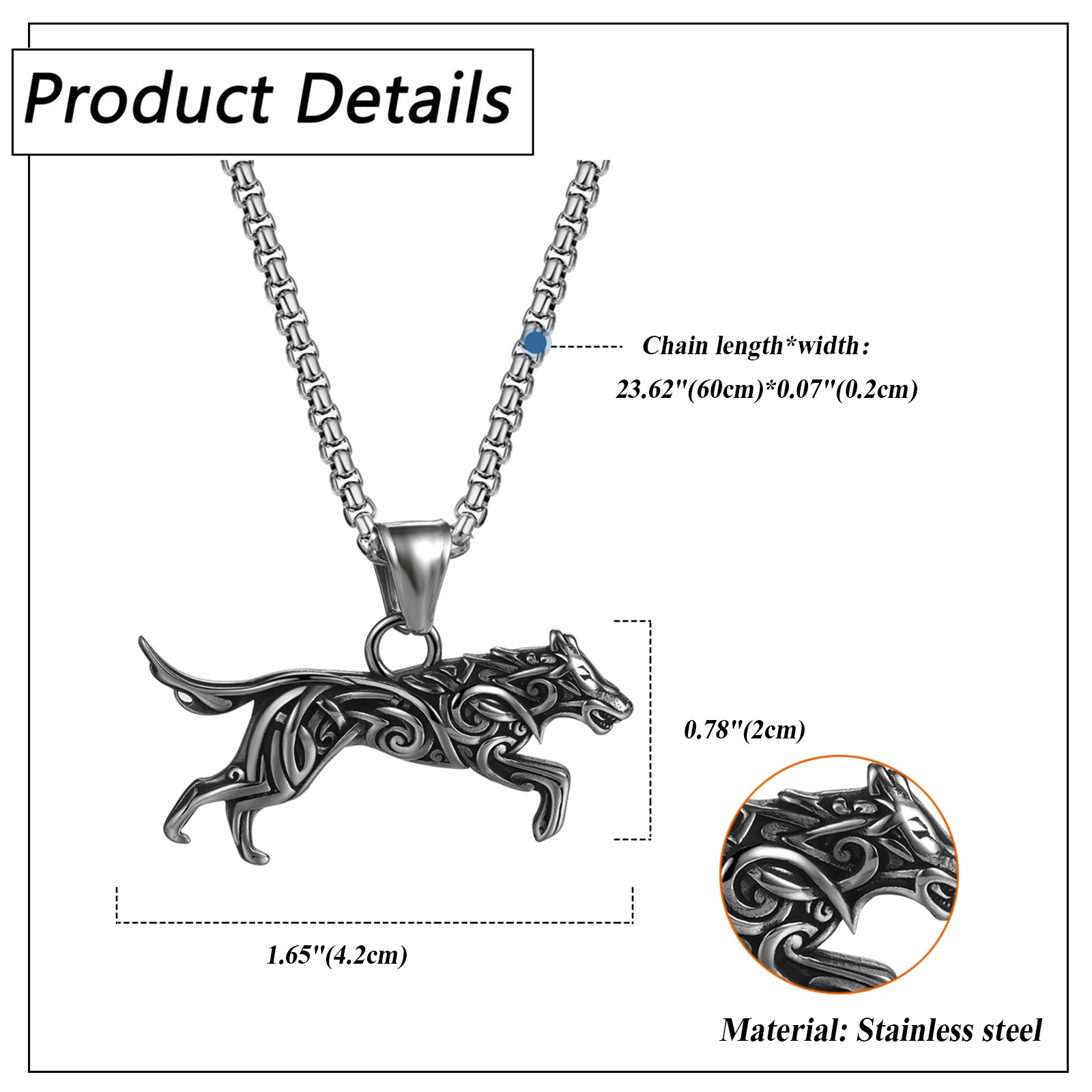 Mens Nordic Viking Wolf Necklace Stainless Steel 3D Fierce Running Wolf Necklace