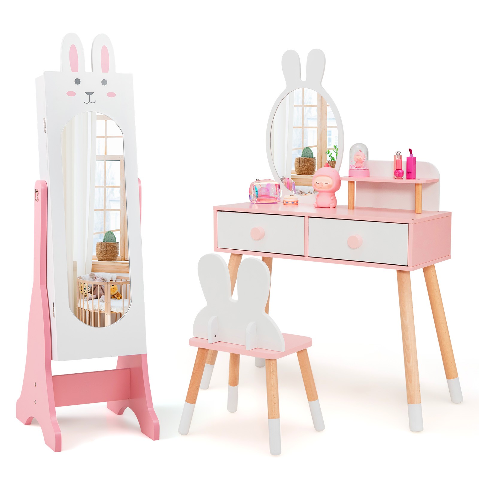 Kids Vanity Set Princess Makeup Dressing Table and Chair Set w/ Jewelry Armoire
