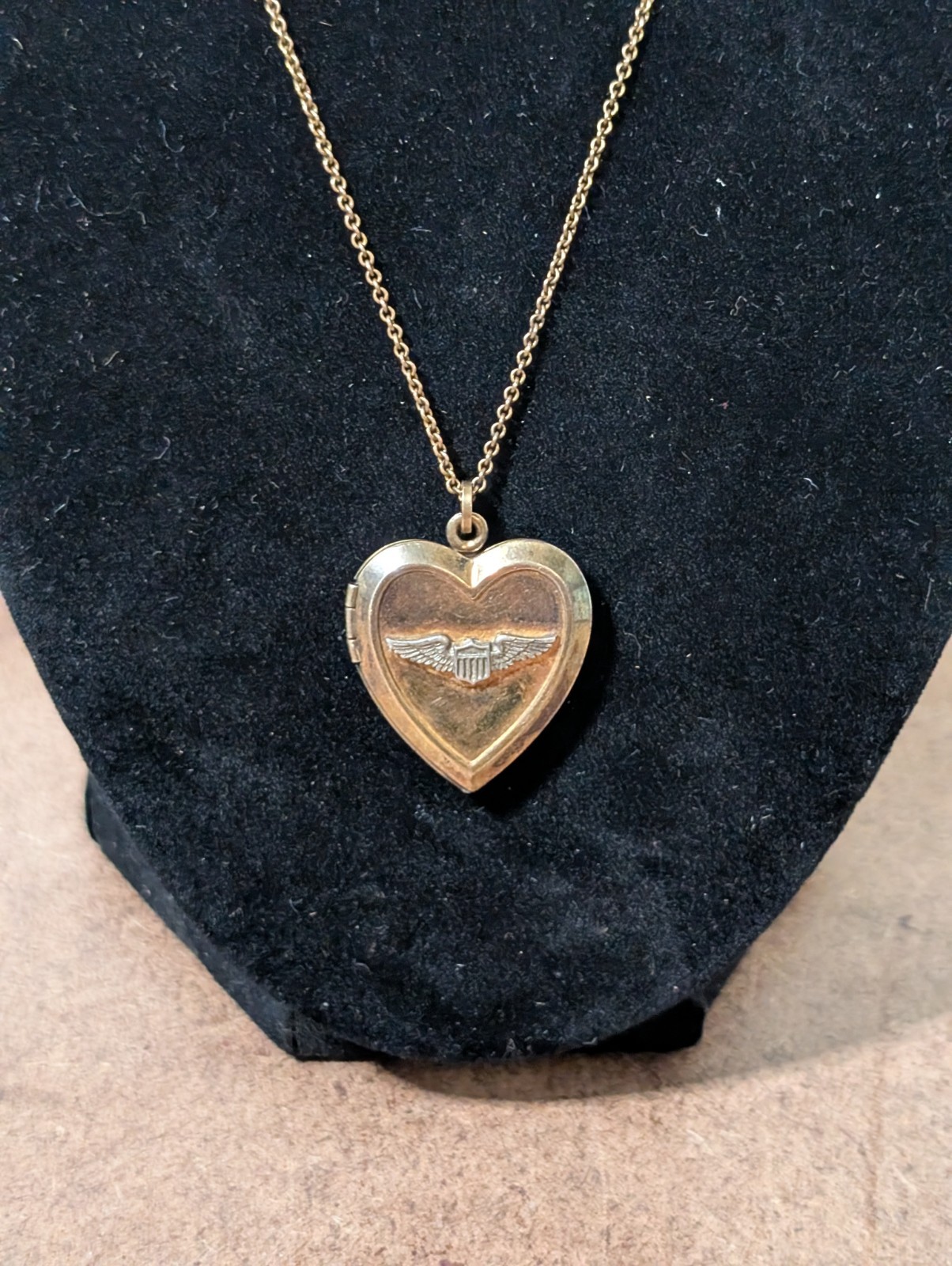 Vintage WWII Sweetheart Locket Necklace Wings Pendant 12k Gold Plated Sterling