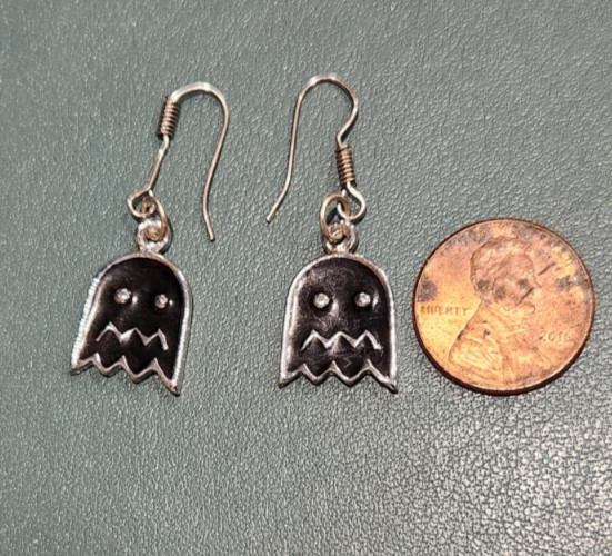 ENAMEL EARRINGS~PAC MAN GHOSTS~SILVER BLACK DANGLE PIERCED .75″ X .5″ FASHION
