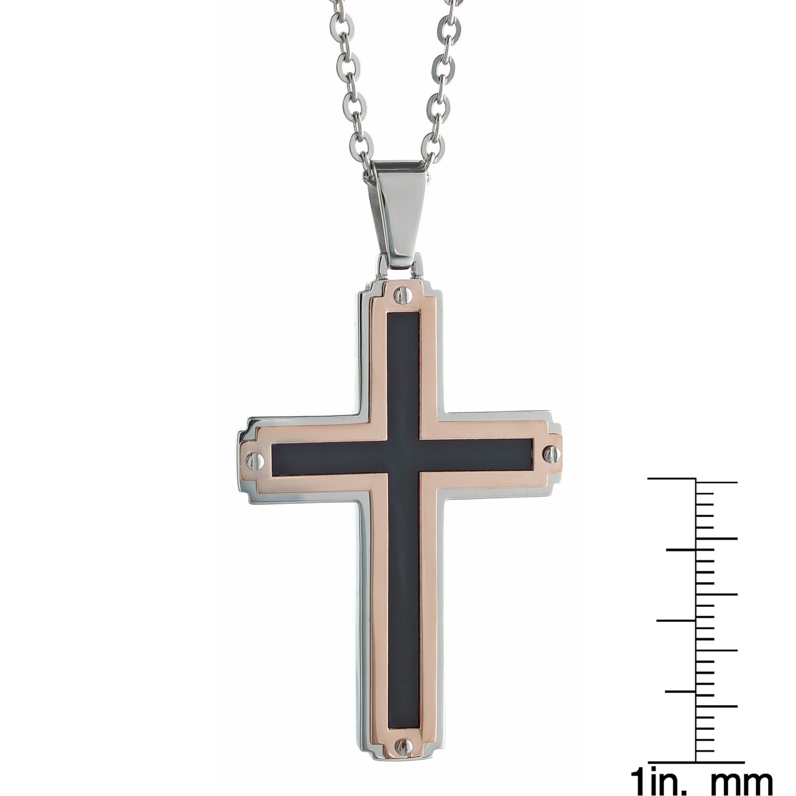 Rose Ion Plated Stainless Steel Black Resin Cross Pendant – 24 Inch Cable Chain