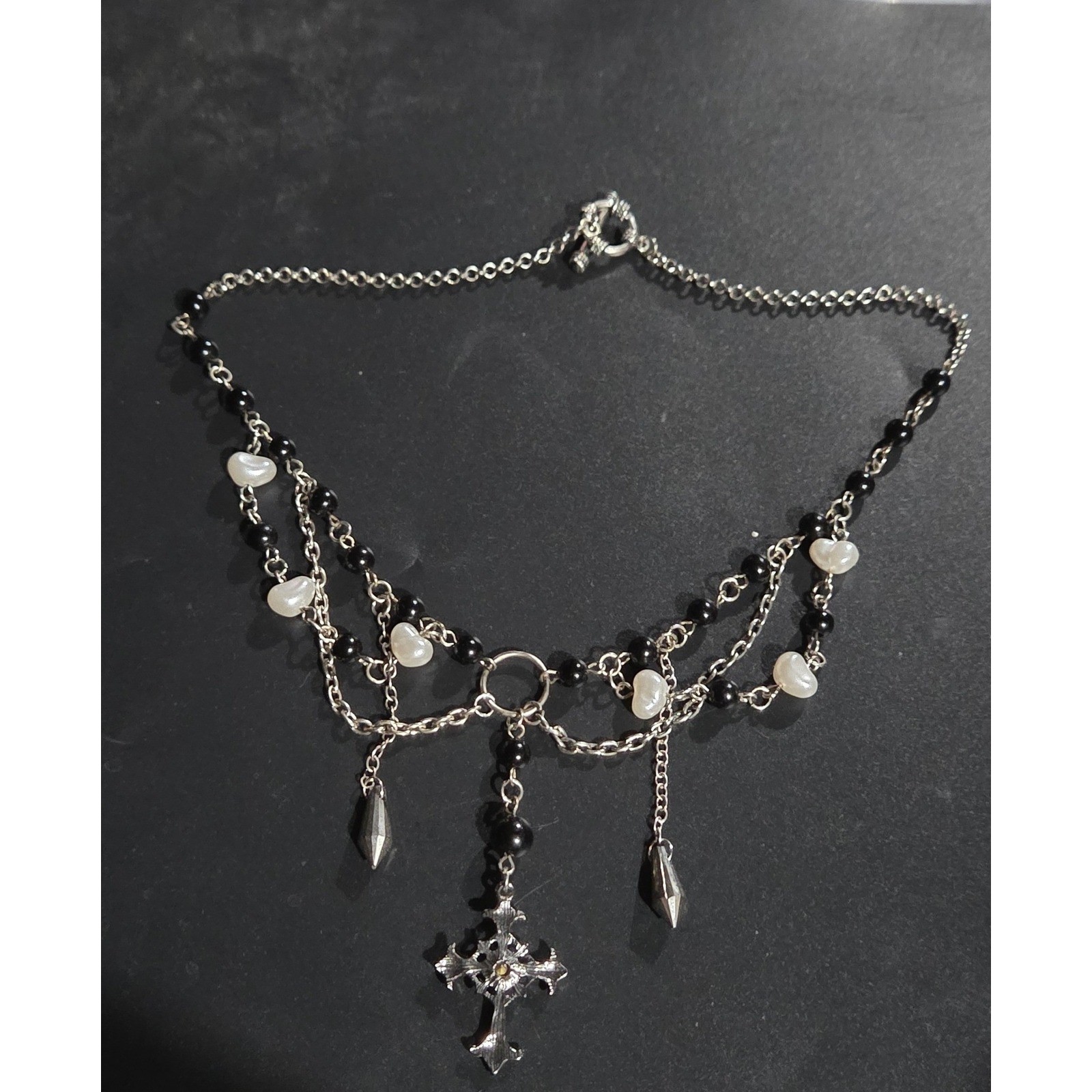 Gothic Cross Necklace Silver Black Rosary Pearl Spike Grunge