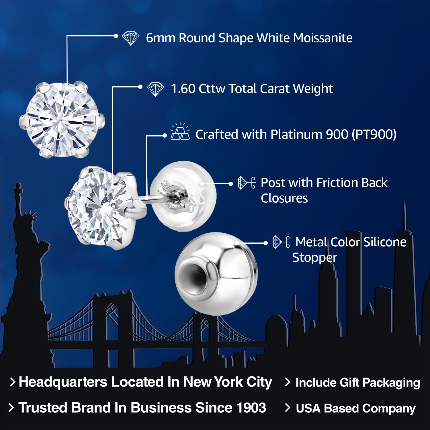 1.60 Cttw PT900 Platinum 900 Six Prong 6MM Moissanite Stud Earrings For Women