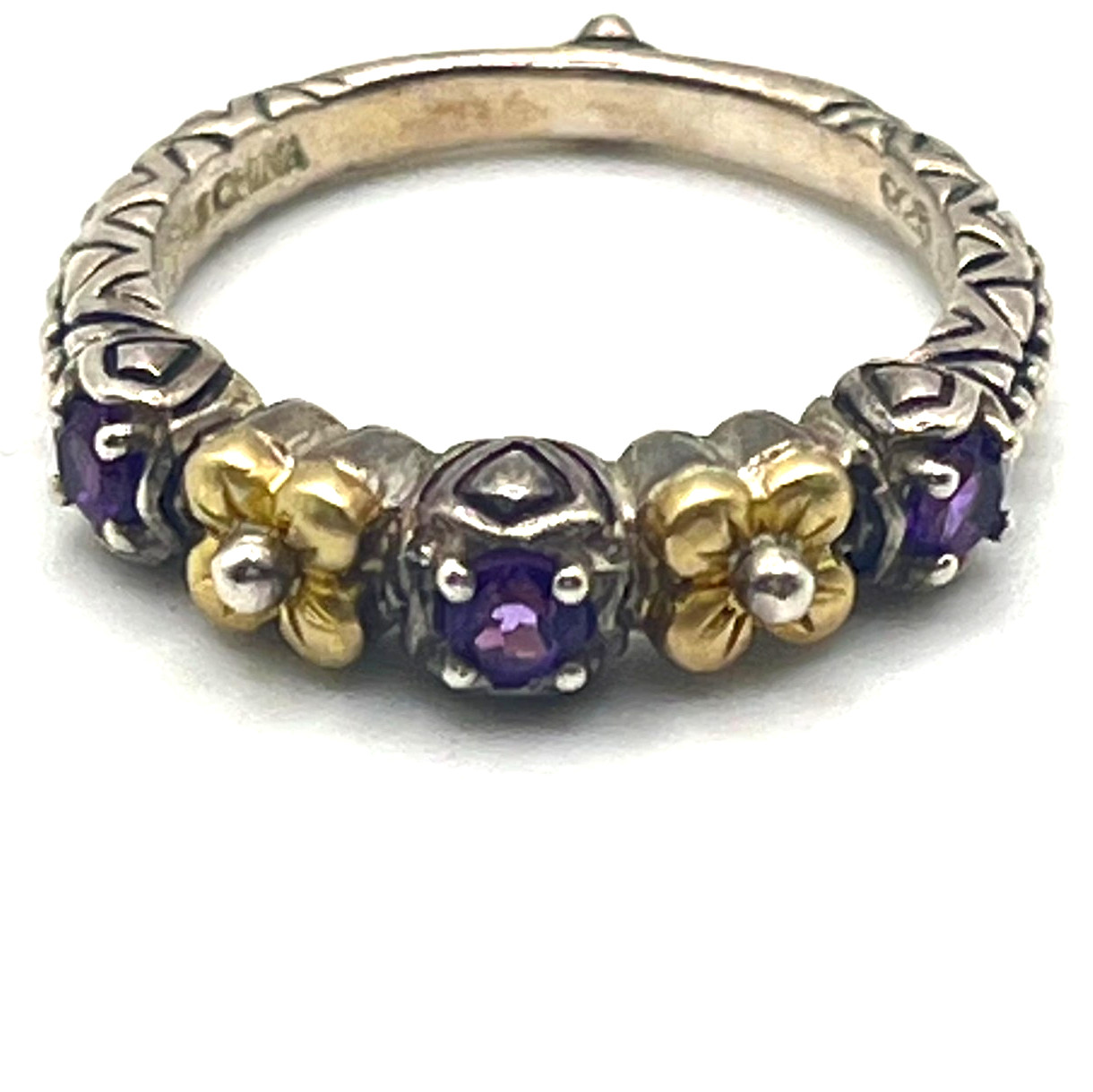Barbara Bixby Band Ring Sz 8 Amethyst and 18k Lotus Flower Accents Sterling 925