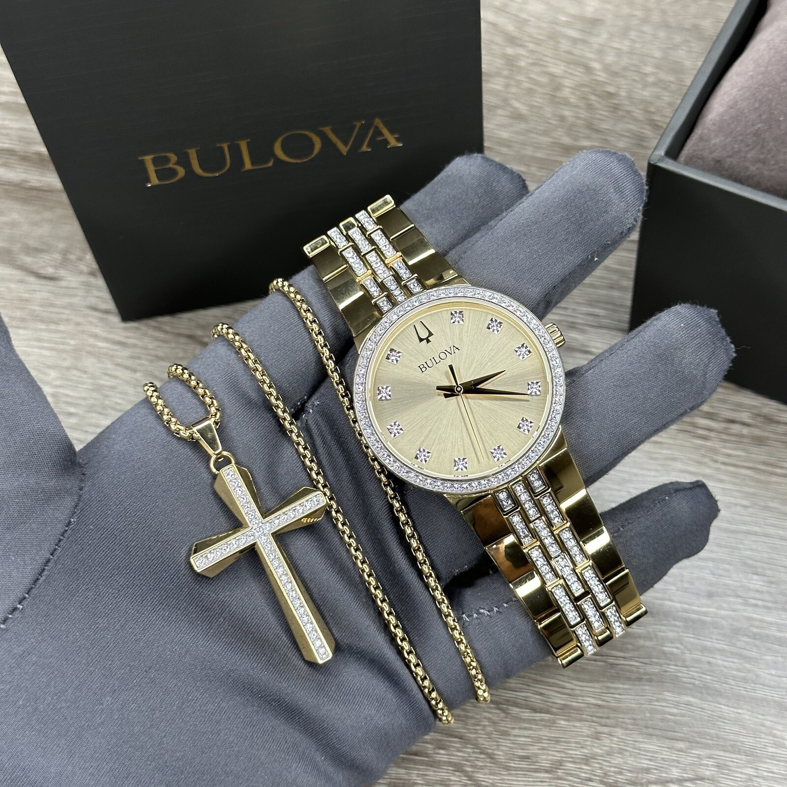 NEW✅GIFT SET✅ Bulova Crystal Gold Tone Diamond Dial Men’s Watch 40MM 98K113